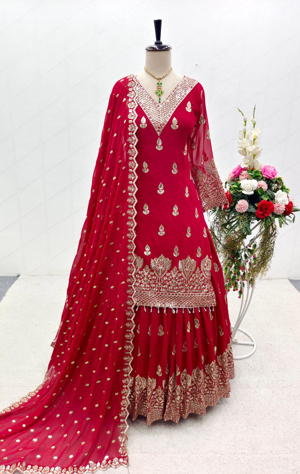 Stylish Red Color Embroidery Work Lehenga With Top