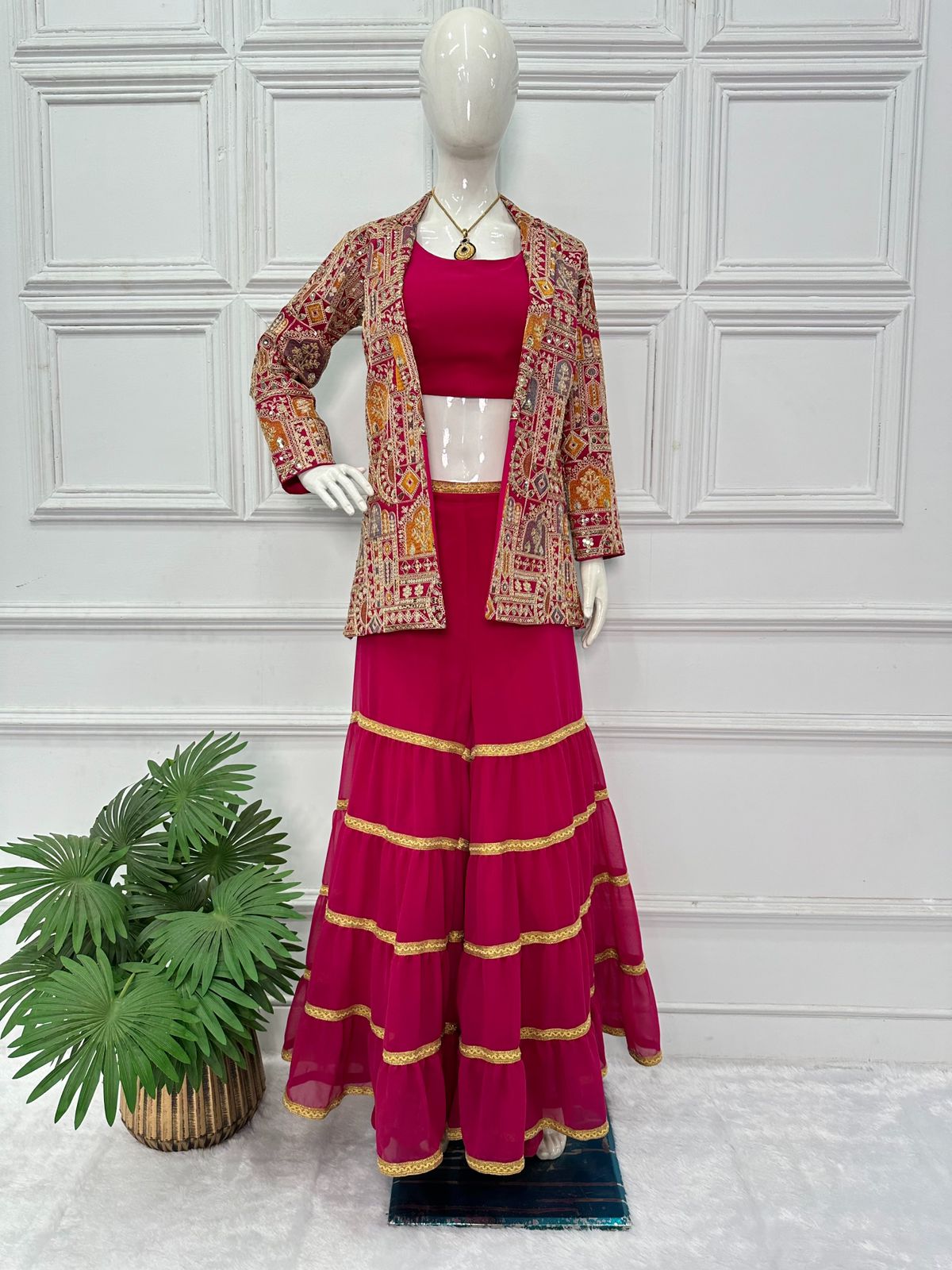Outstanding Pink Color Top With Sharara And Jacket