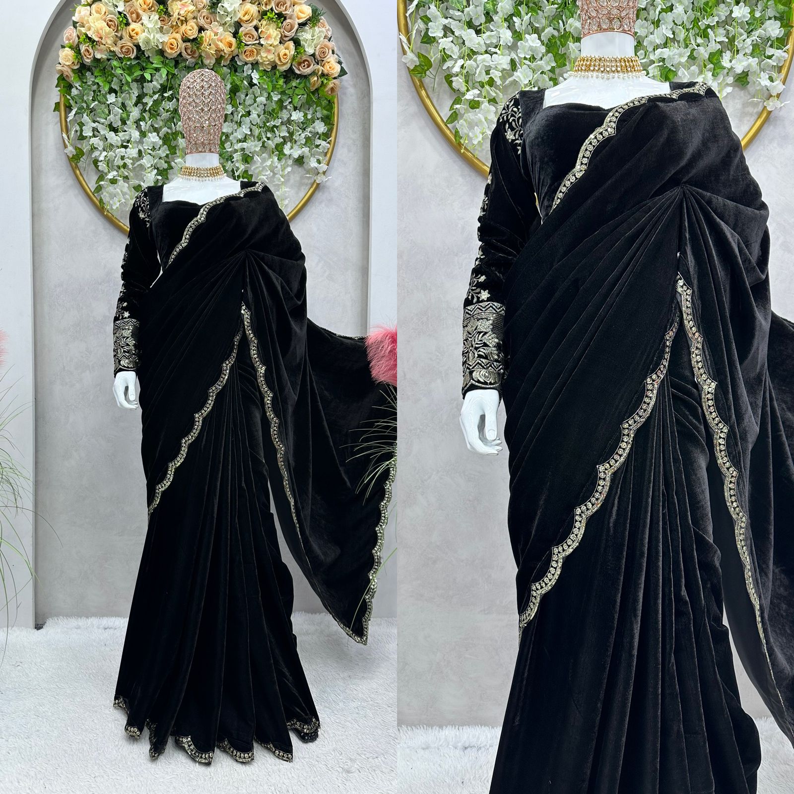 Awesome Black Color Ready To Wear Velvet Saree