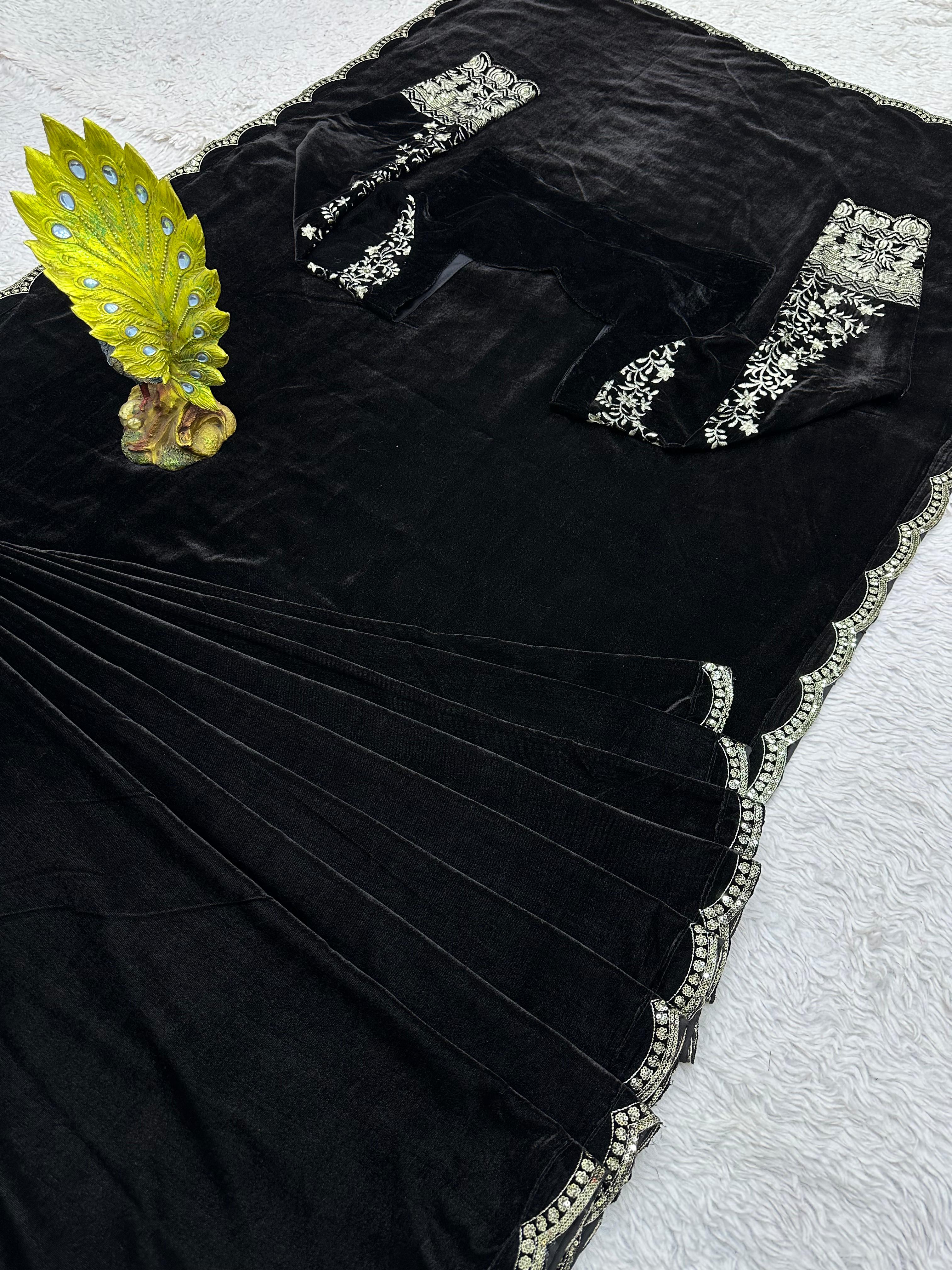 Awesome Black Color Ready To Wear Velvet Saree