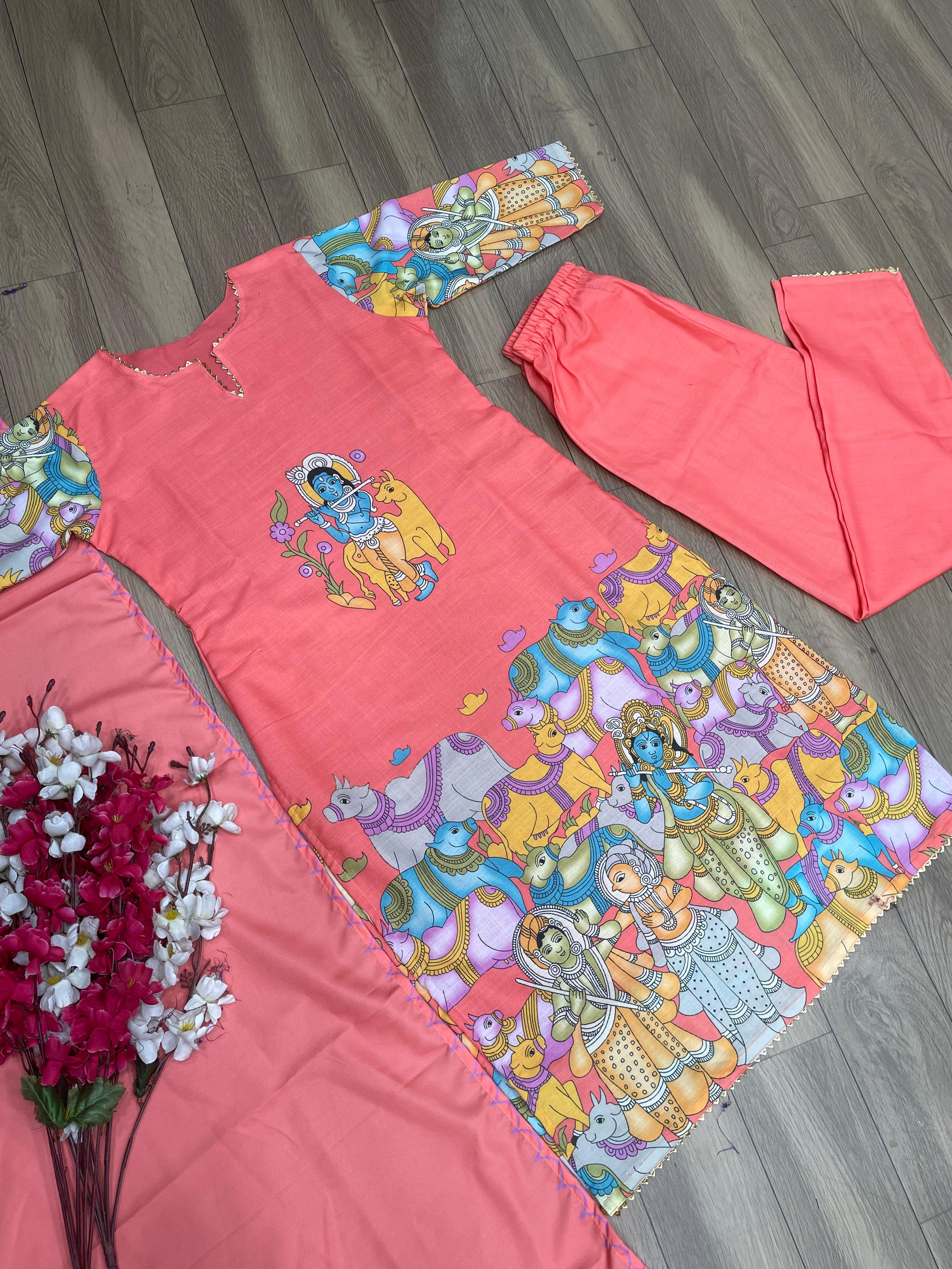 Kalamkari Print Peach Color Festive Wear Salwar Suit