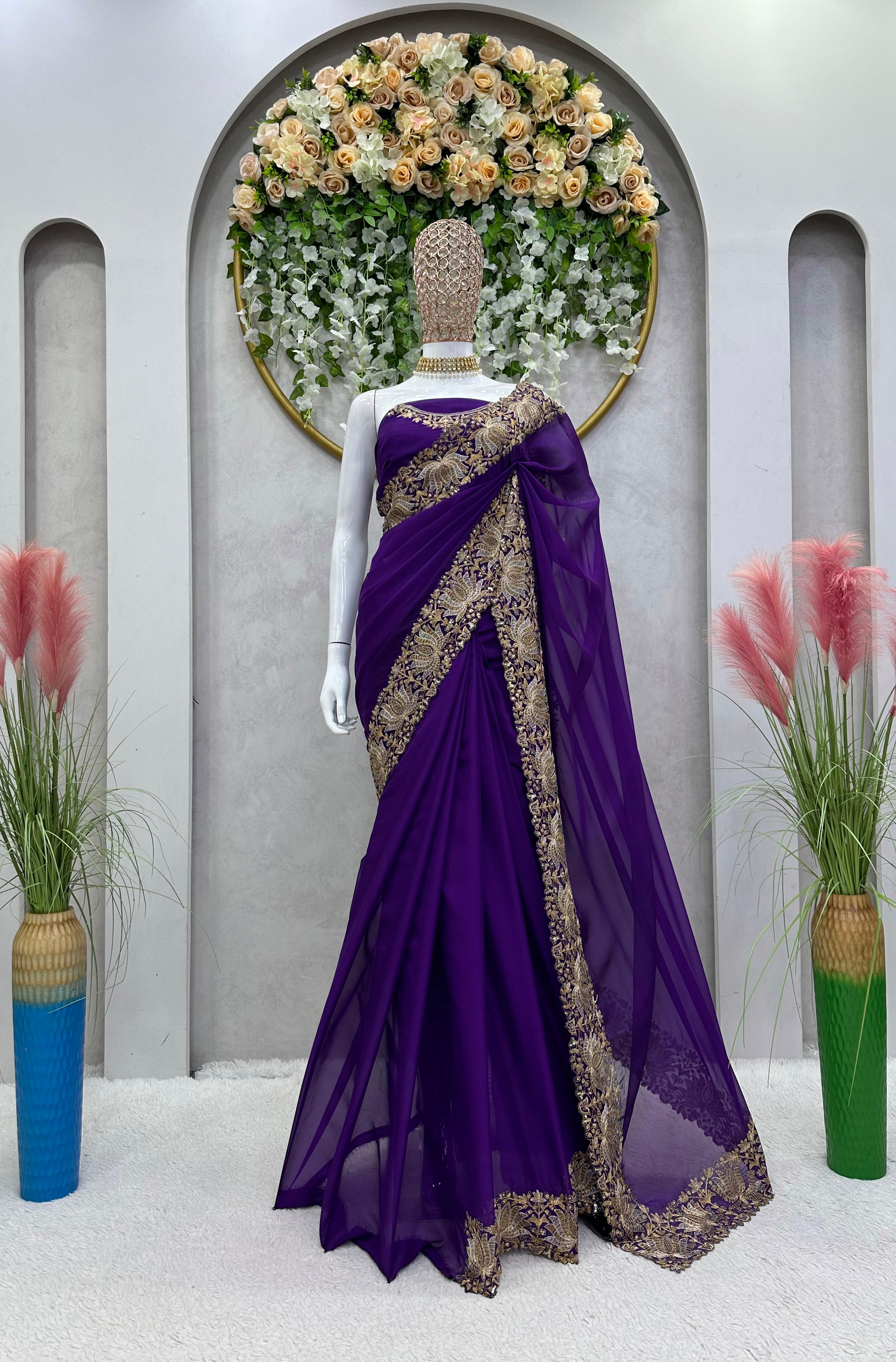 Awesome Embroidery Work Border Purple Color Saree
