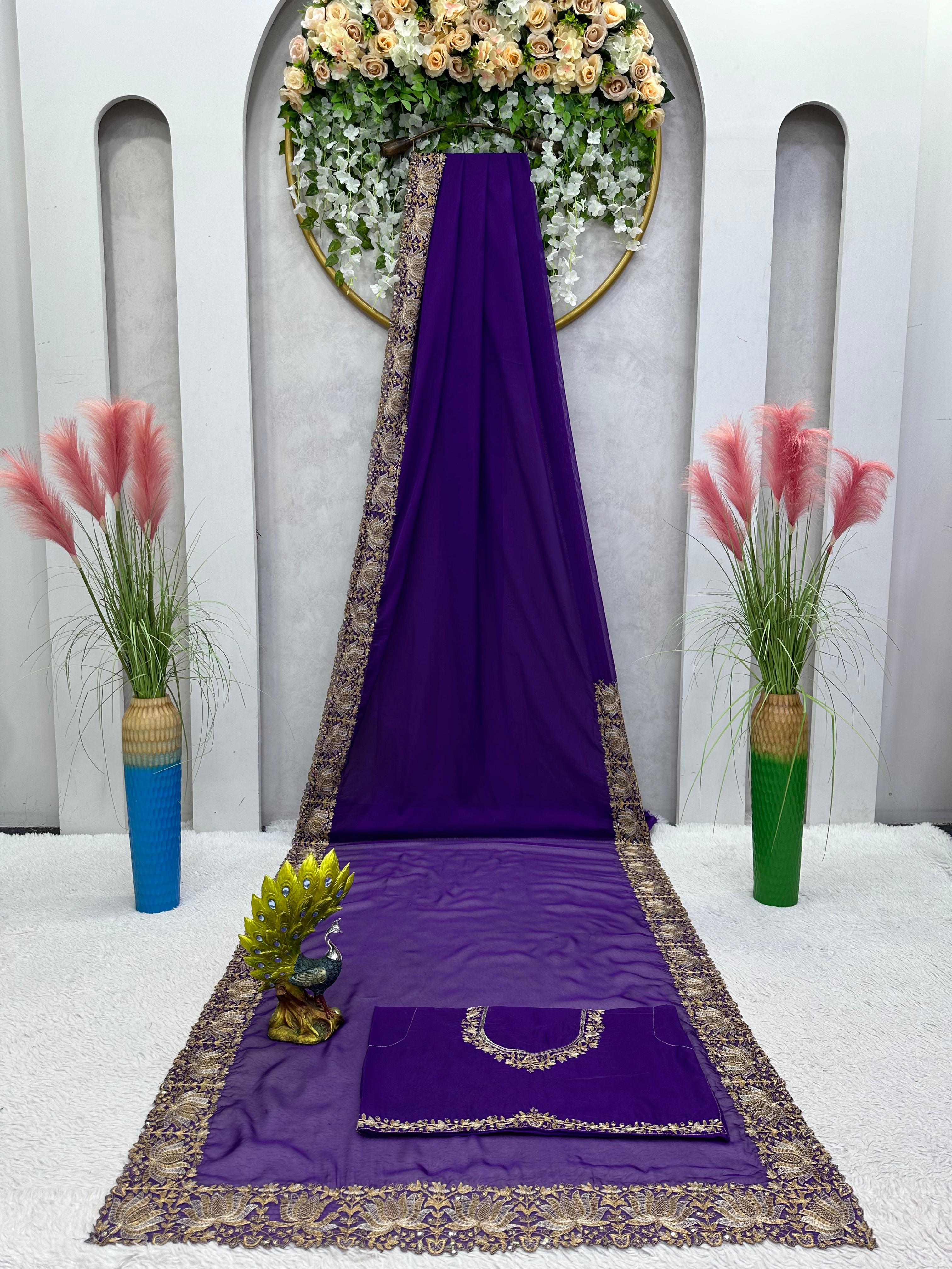Awesome Embroidery Work Border Purple Color Saree