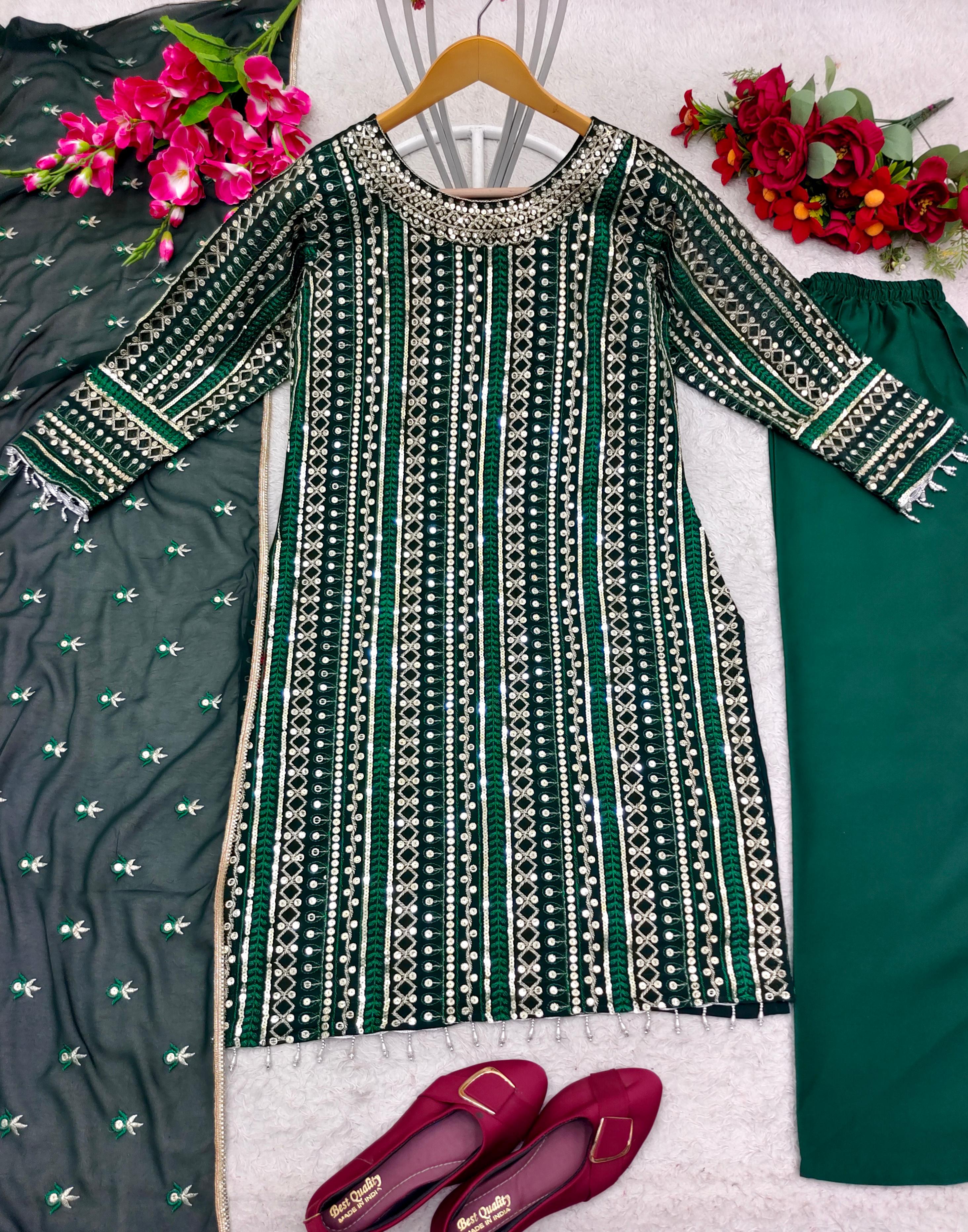 Fabulous Green Color Thread Sequence Work Salwar Suit