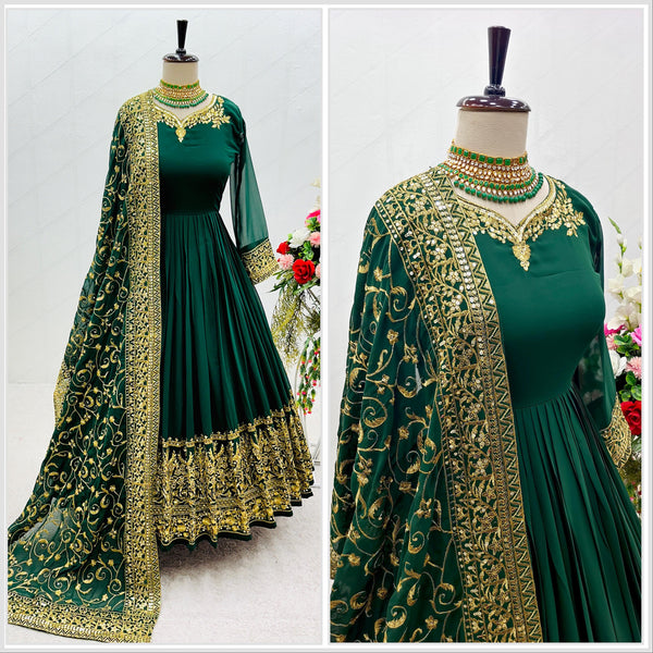 Exclusive Green Color Gown With Embroidery Work Dupatta