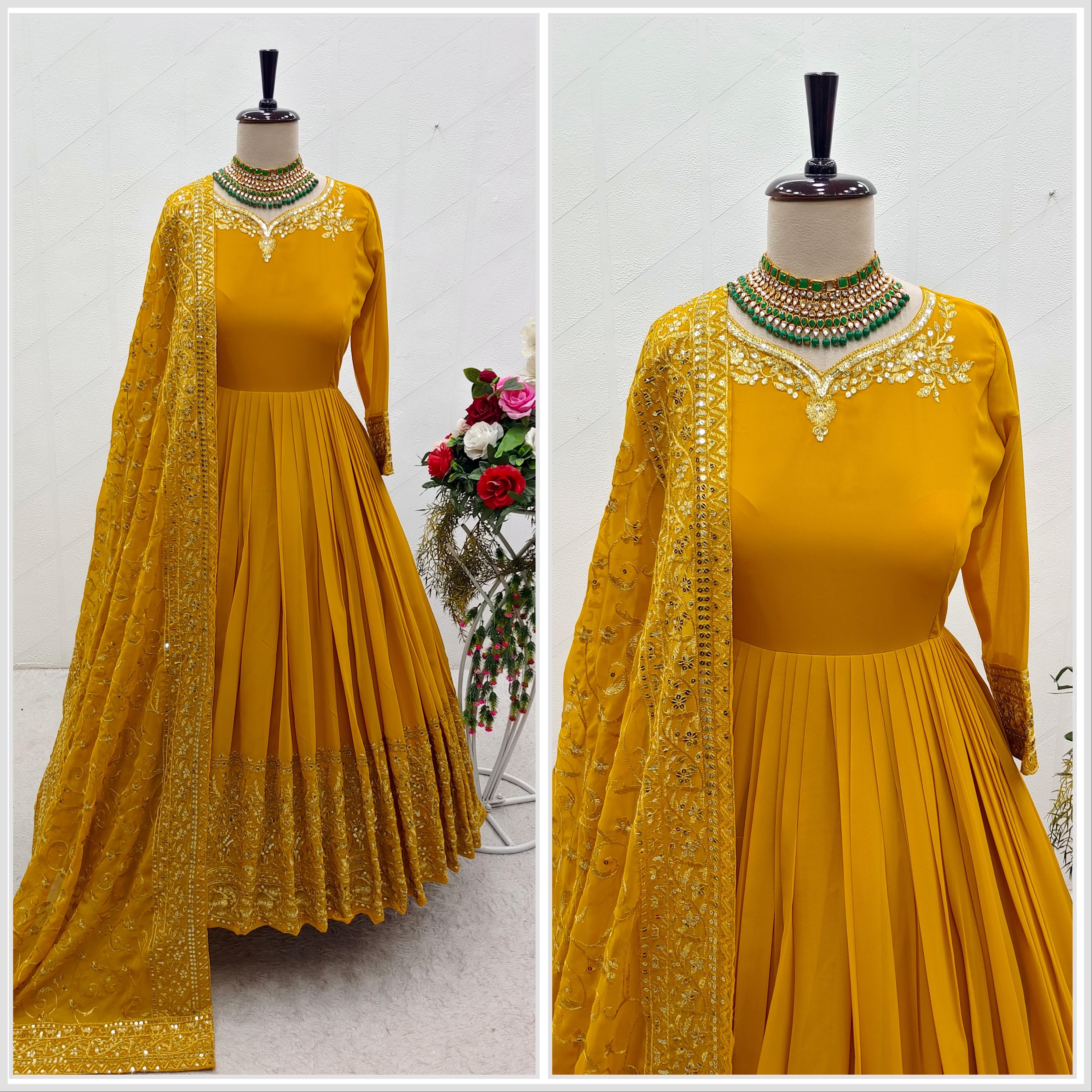 Exclusive Yellow Color Gown With Embroidery Work Dupatta