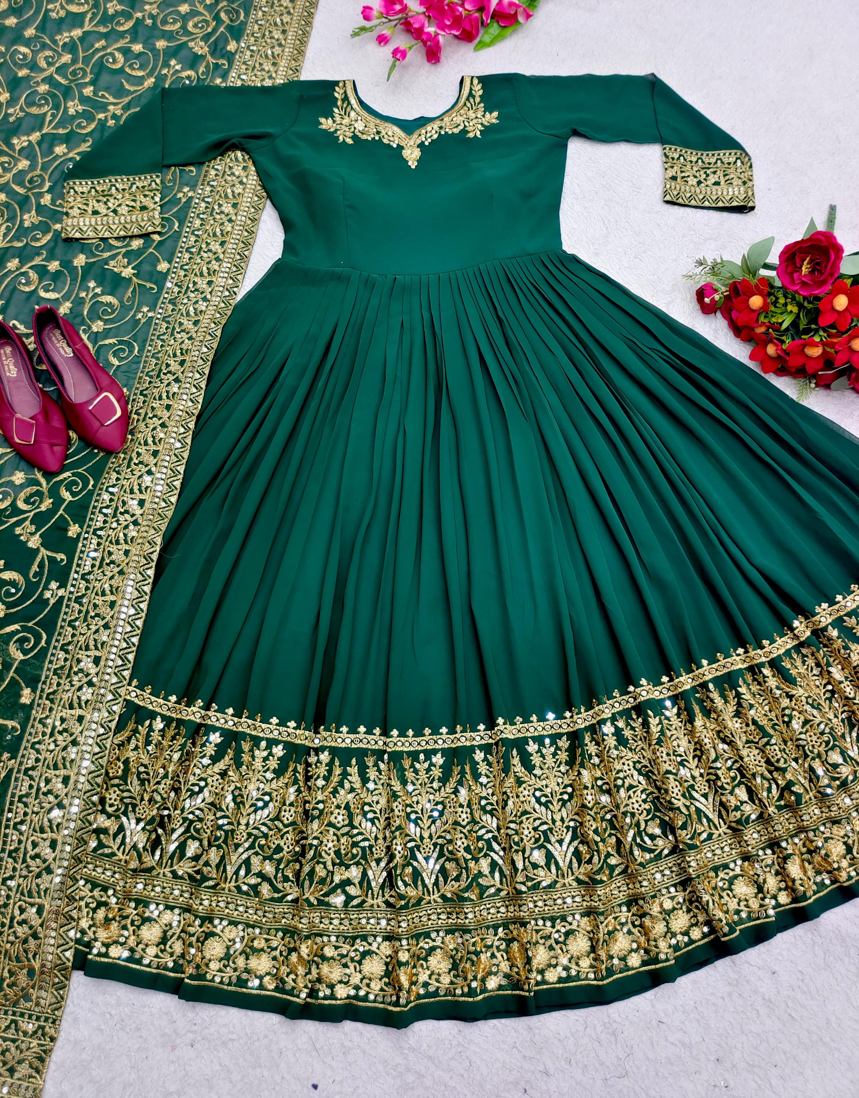 Exclusive Green Color Gown With Embroidery Work Dupatta