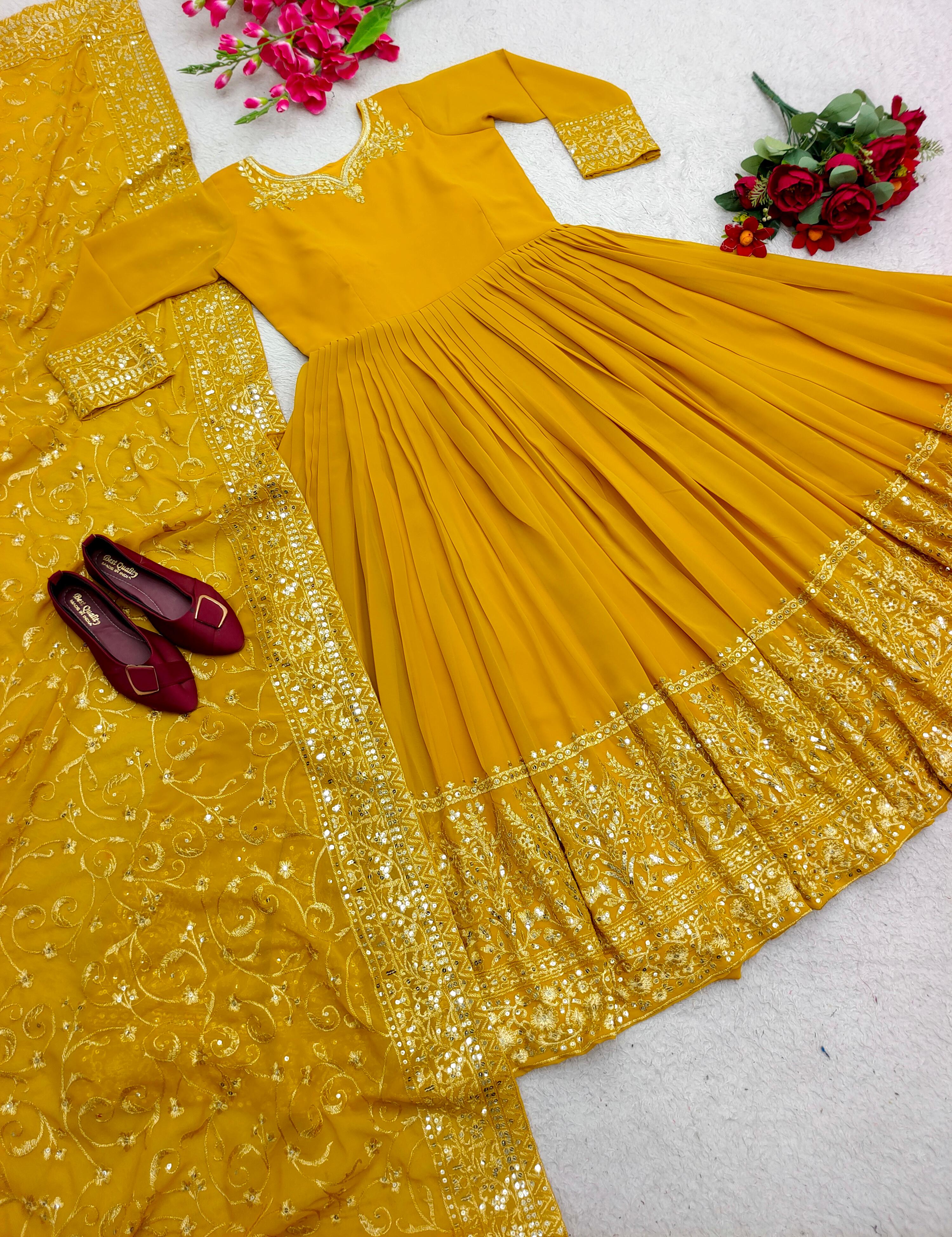 Exclusive Yellow Color Gown With Embroidery Work Dupatta