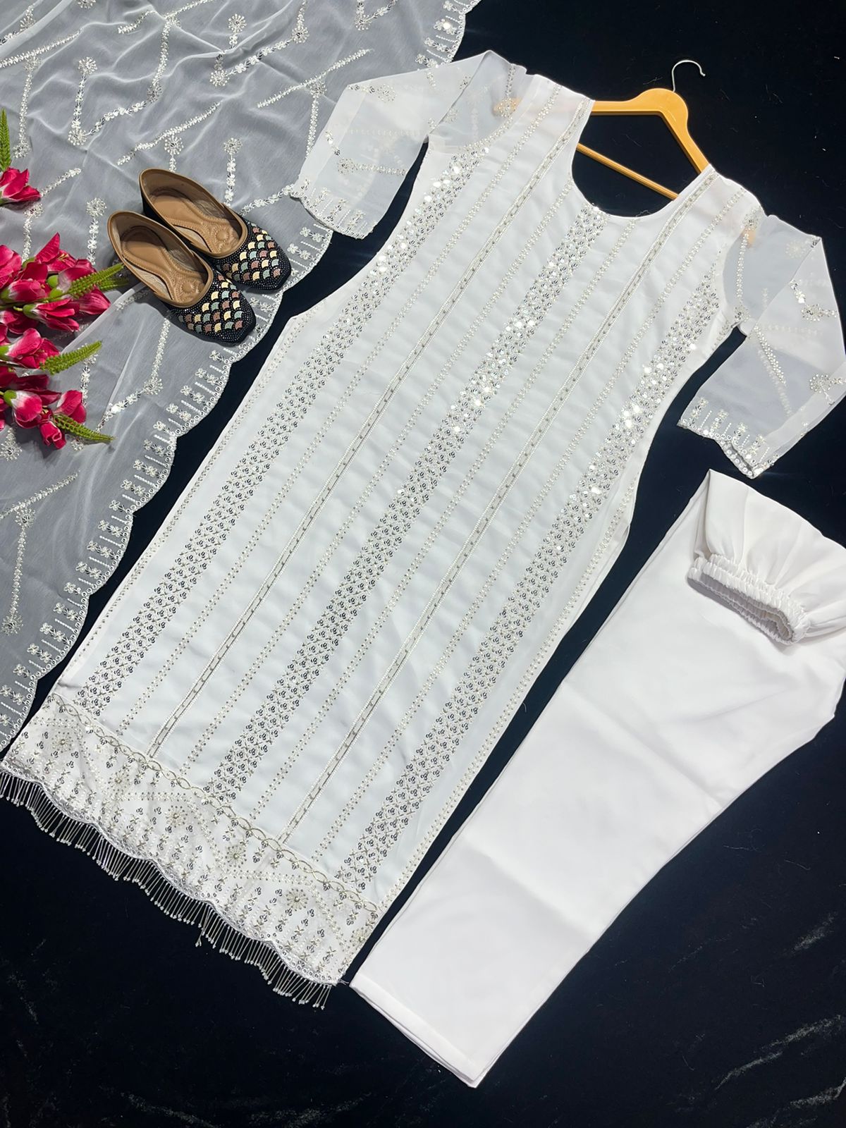 Fabulous Embroidery Sequence White Color Salwar Suit