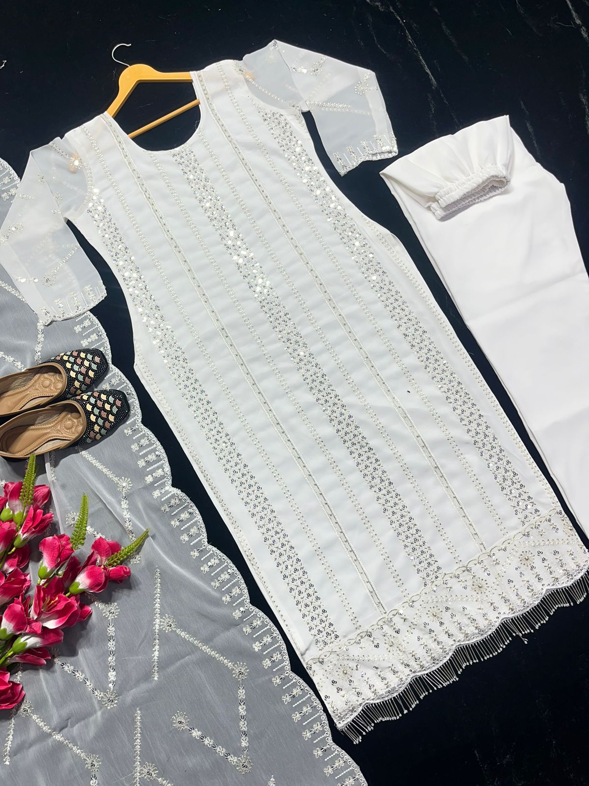 Fabulous Embroidery Sequence White Color Salwar Suit