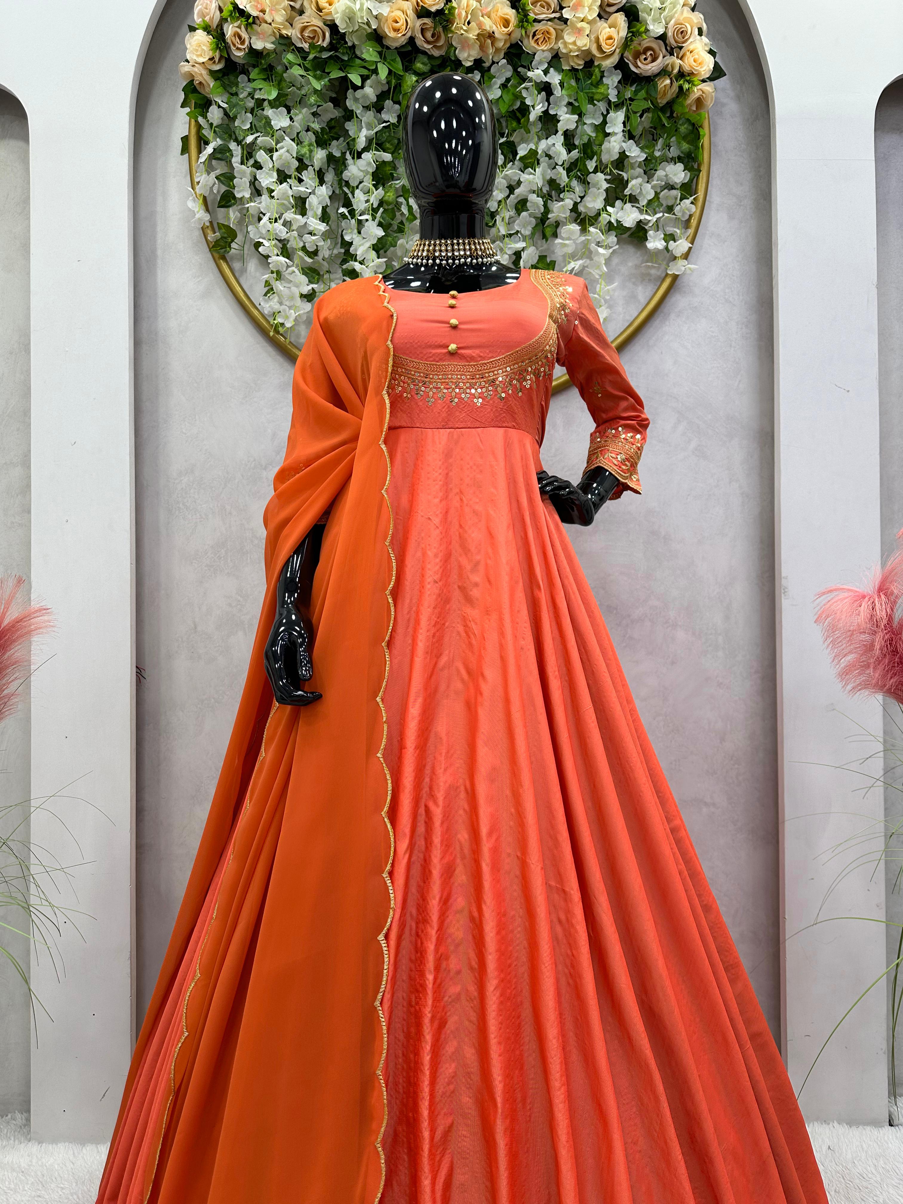 Elegant Orange Color Thread And Sequence Work Gown