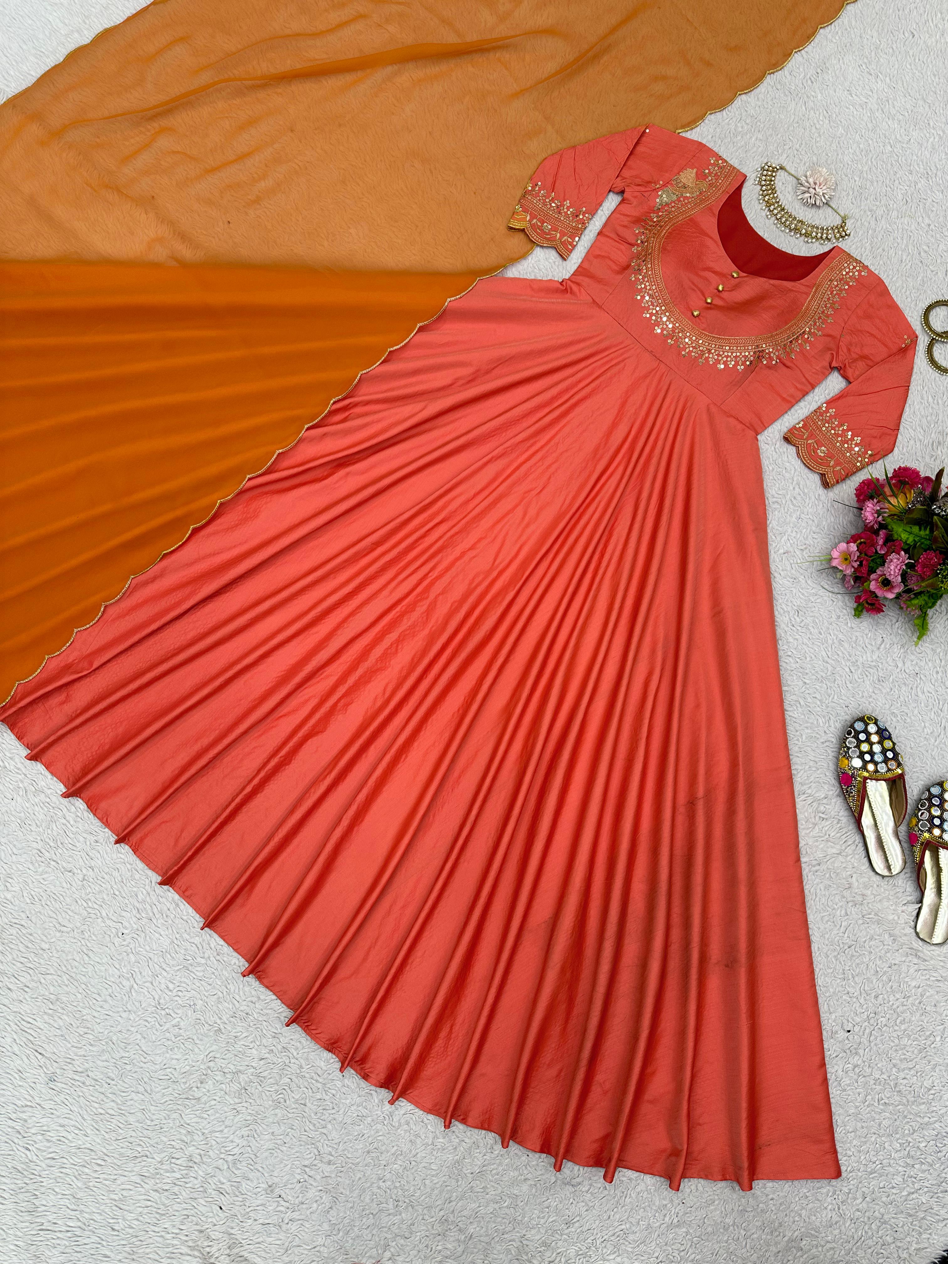 Elegant Orange Color Thread And Sequence Work Gown