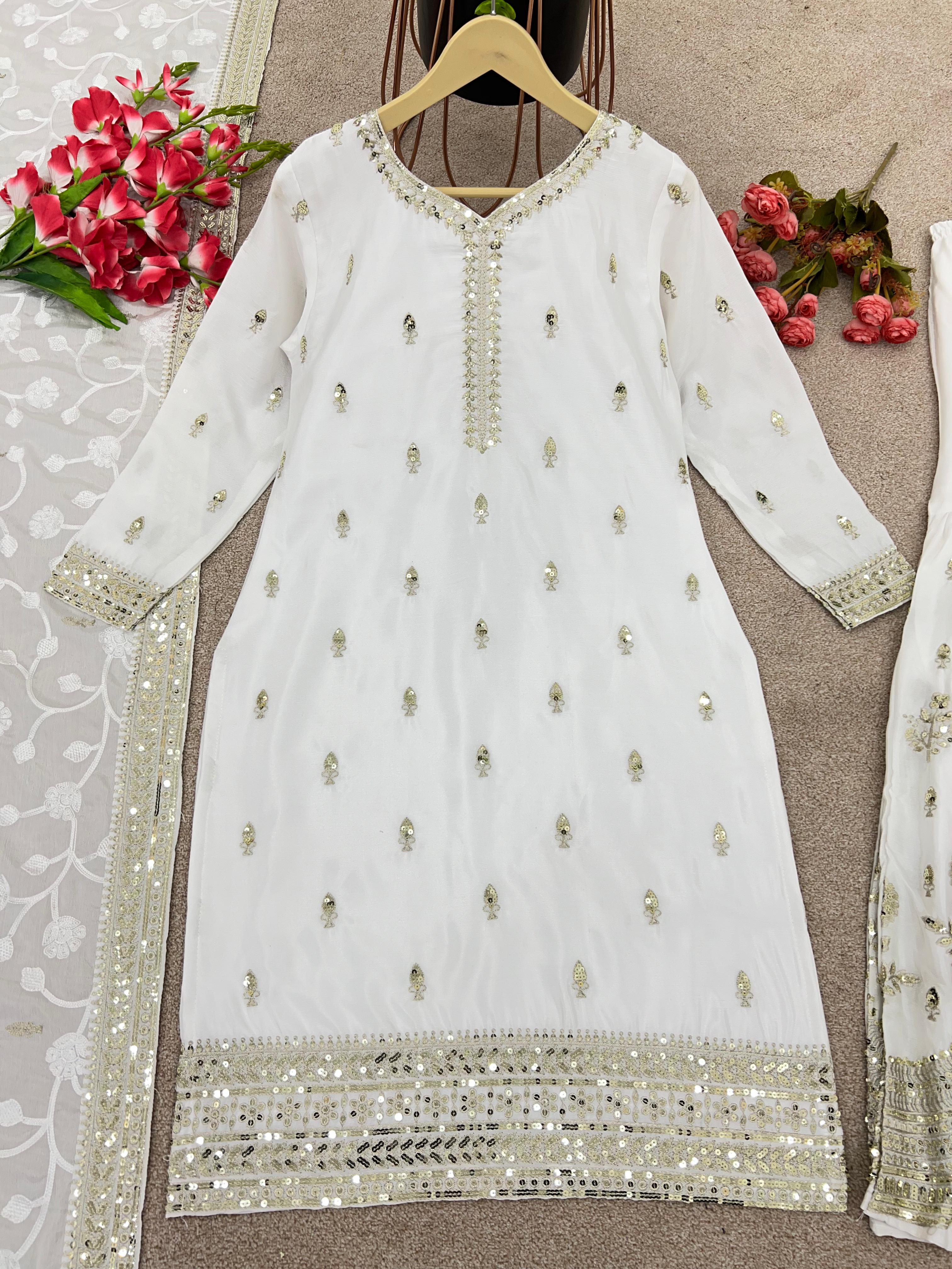 Pretty White Color Sequence Embroidery Work Sharara Set