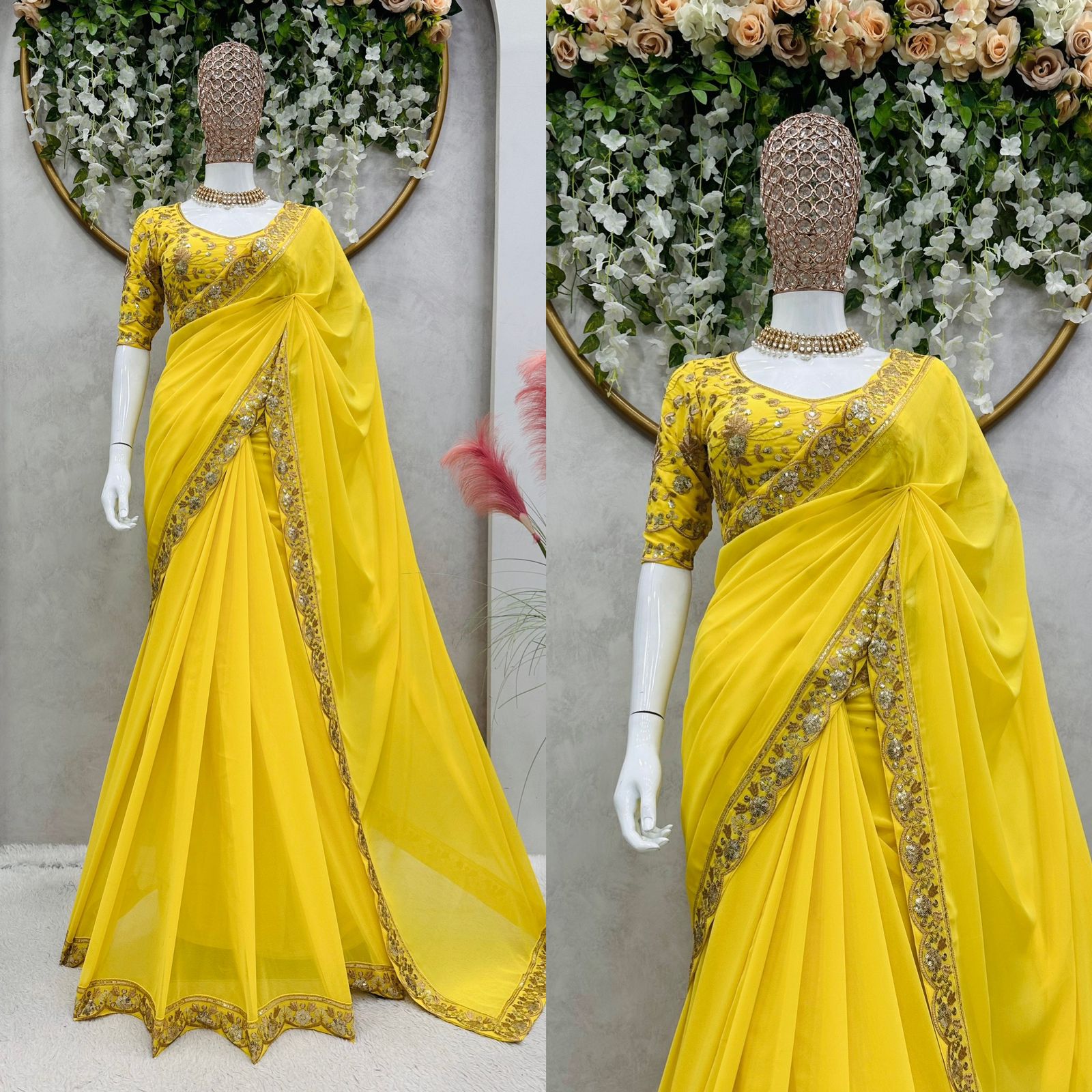 Glorious Yellow Color Thread Sequence Work Saree