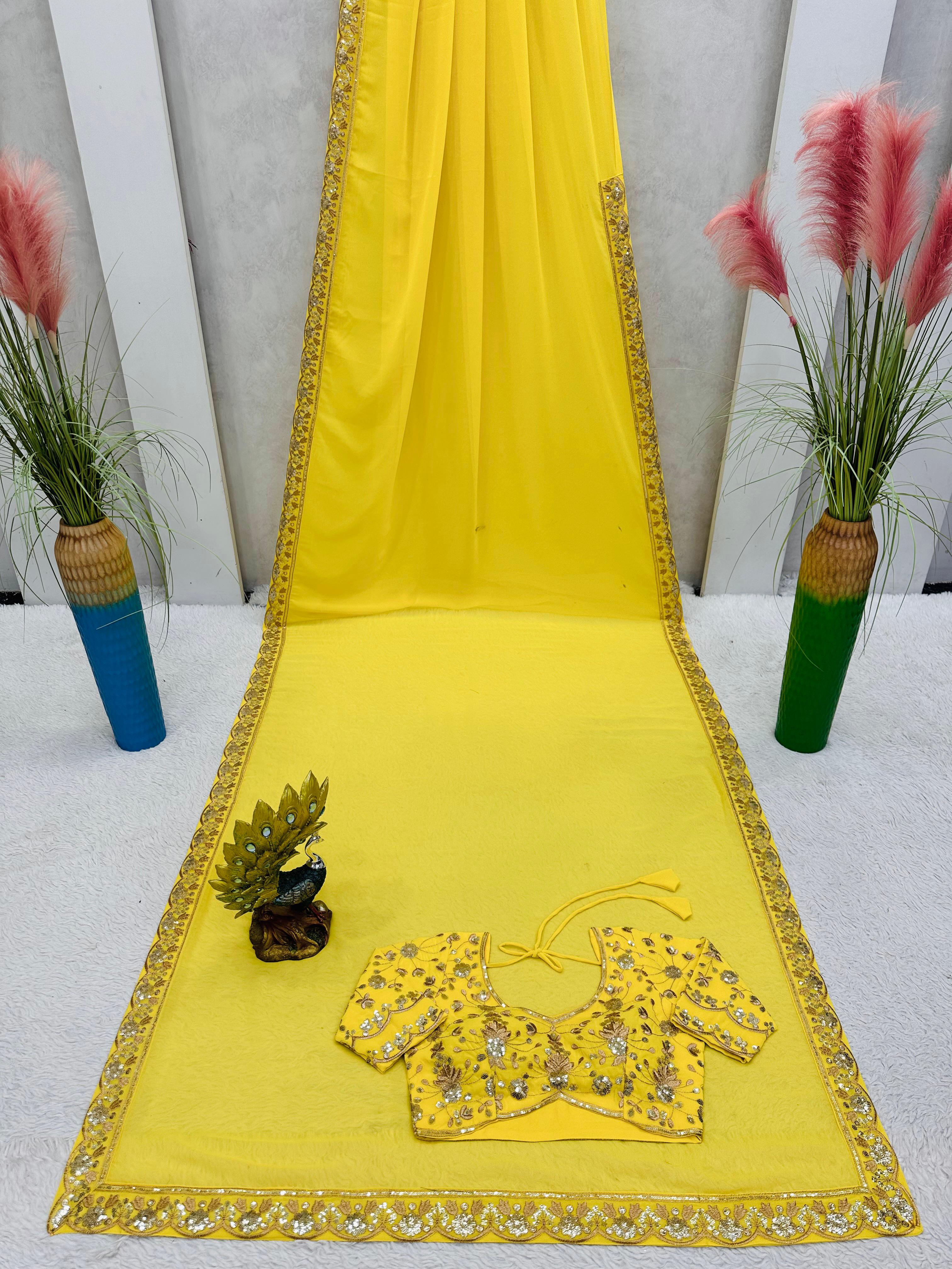 Glorious Yellow Color Thread Sequence Work Saree