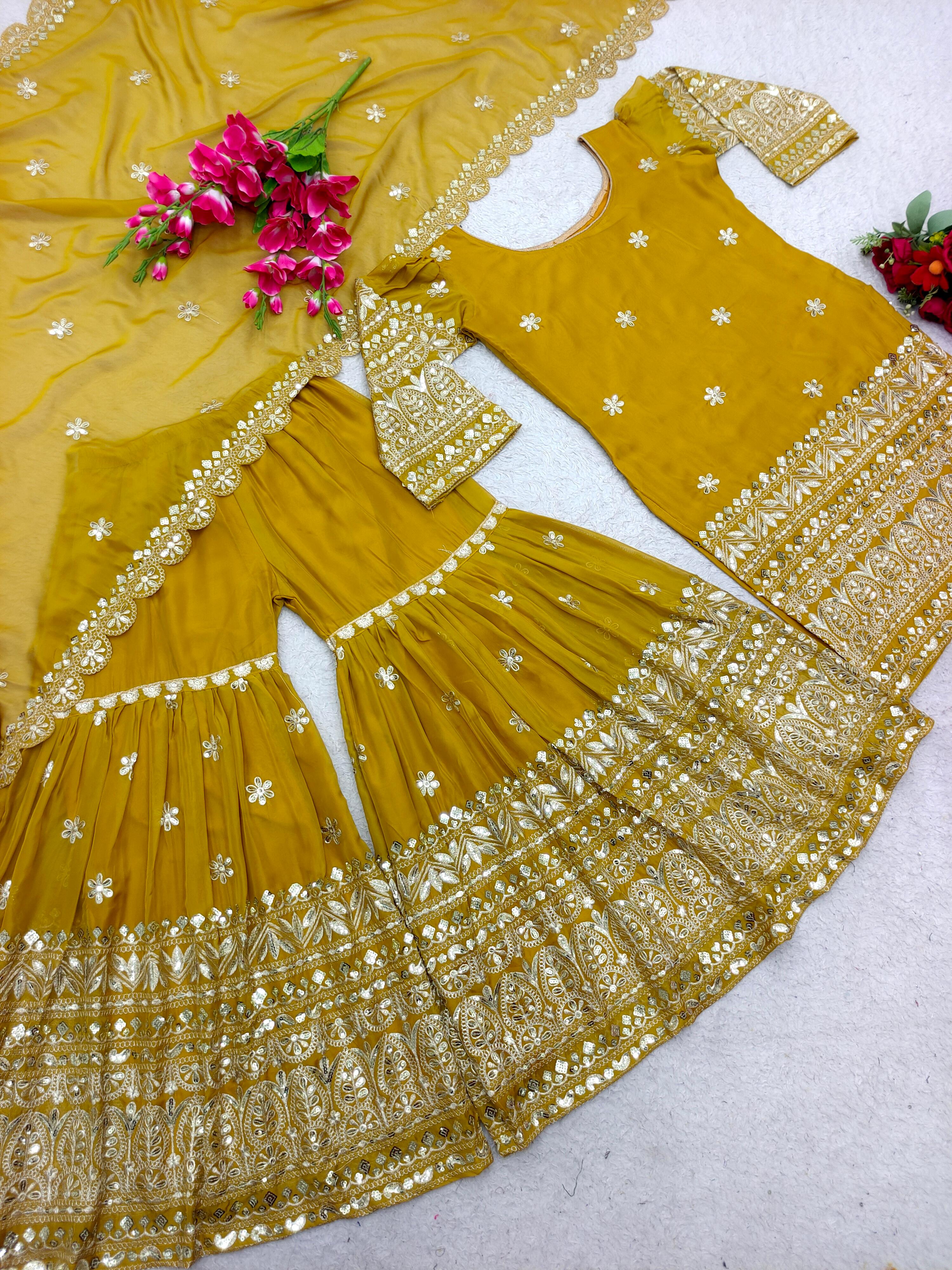 Stylish Mustard Color Embroidery Sequence Work Sharara Suit
