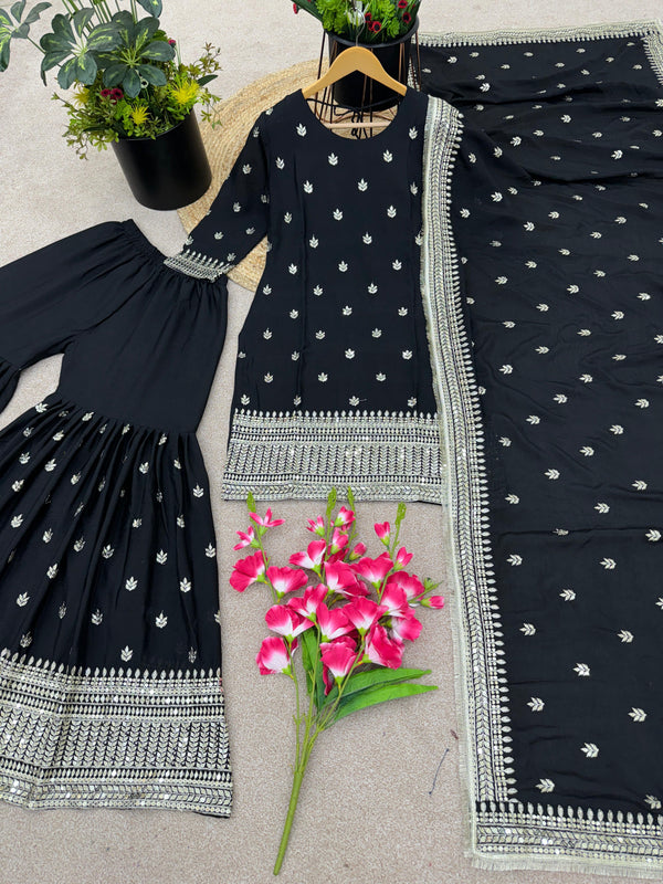 Black Color Embroidery Work Sharara Suit
