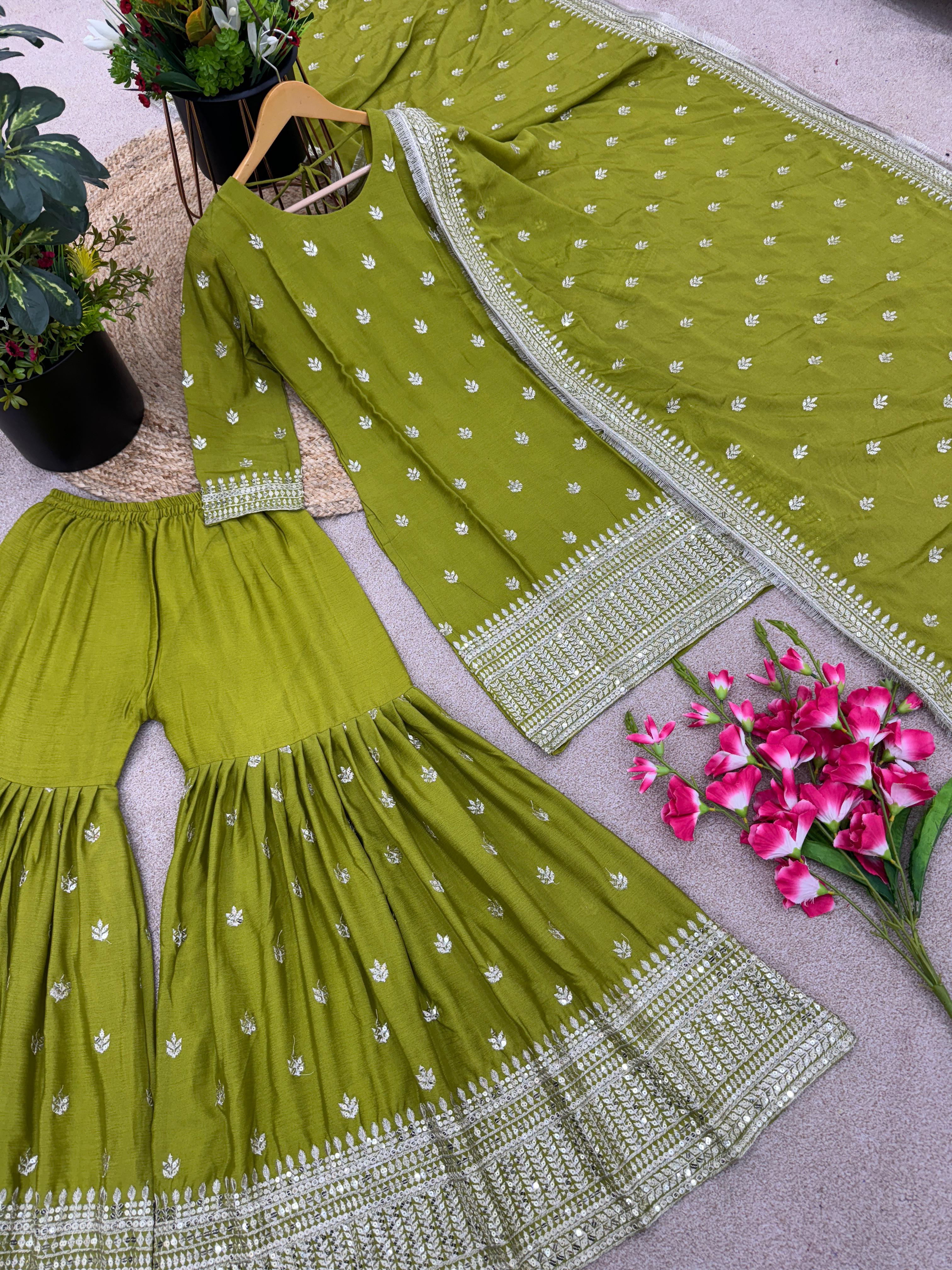 Green Color Embroidery Work Sharara Suit
