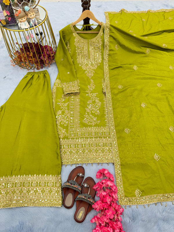 Fabulous Green Color Heavy Embroidery Work Sharara Suit