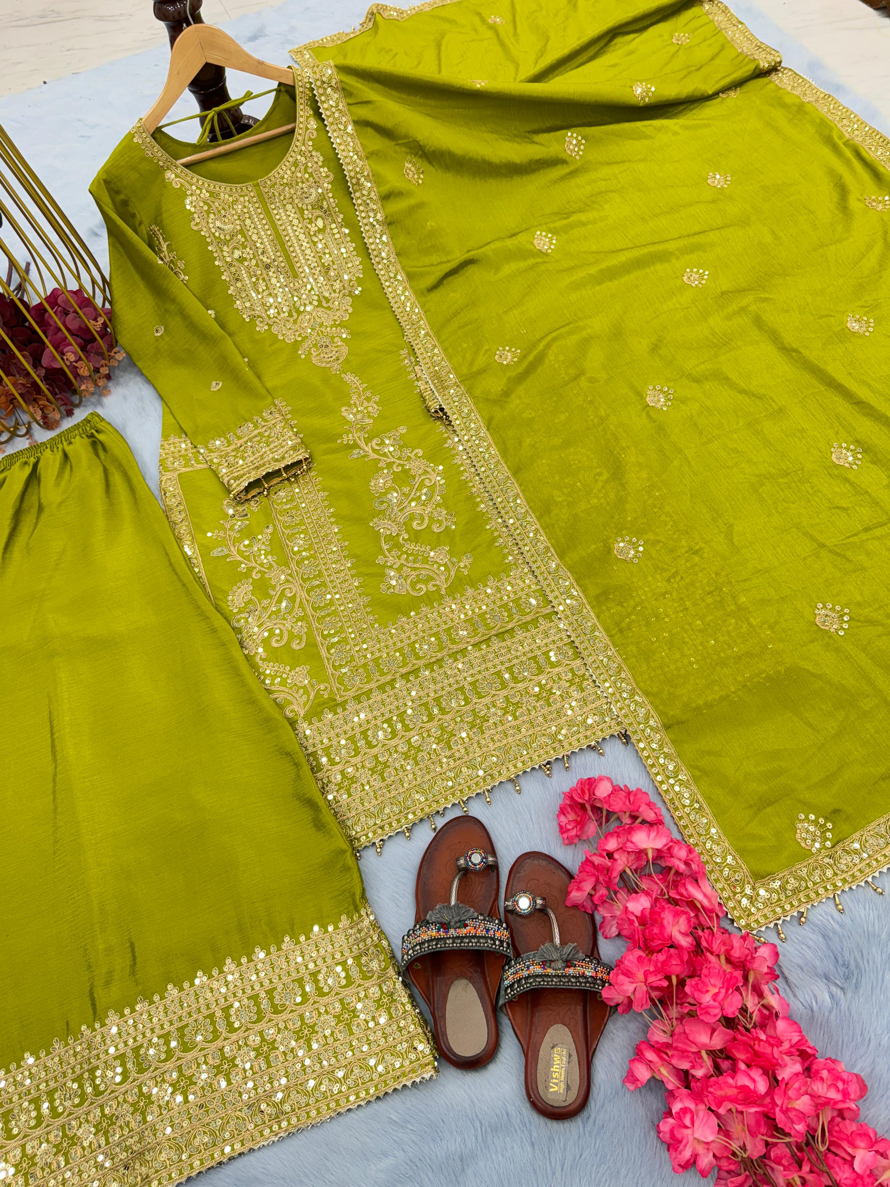 Fabulous Green Color Heavy Embroidery Work Sharara Suit