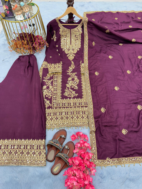 Fabulous Wine Color Heavy Embroidery Work Sharara Suit