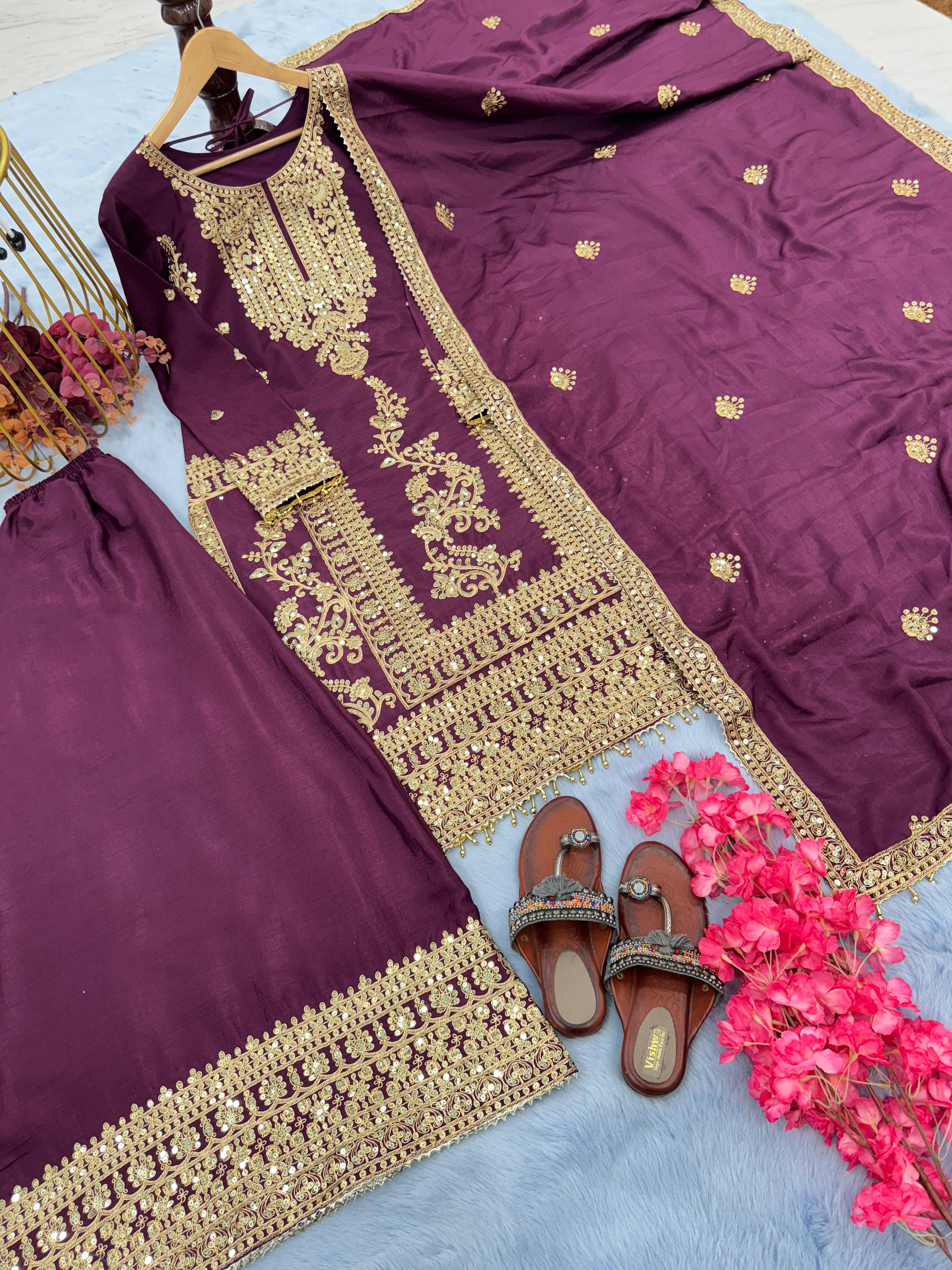 Fabulous Wine Color Heavy Embroidery Work Sharara Suit