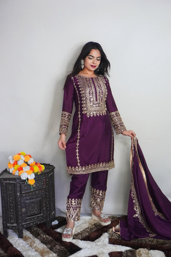 Wine Color Full Sleeve Embroidery Work Salwar Suit