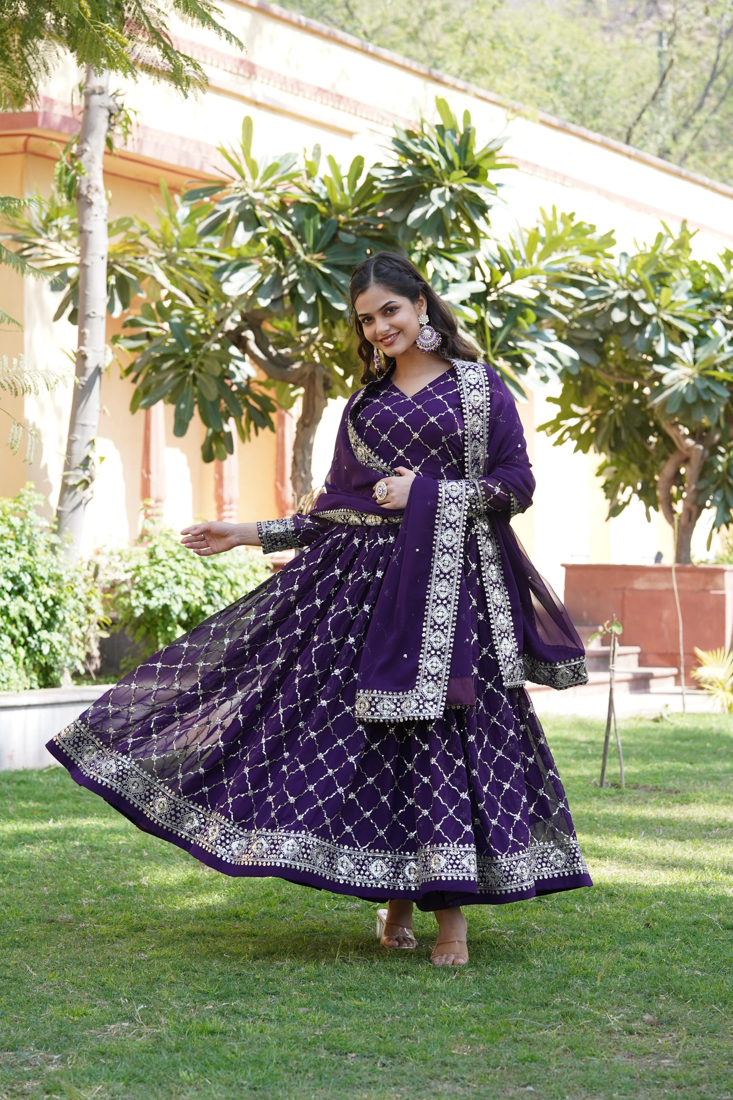 Glimmering Purple Color Sequence Work Gown