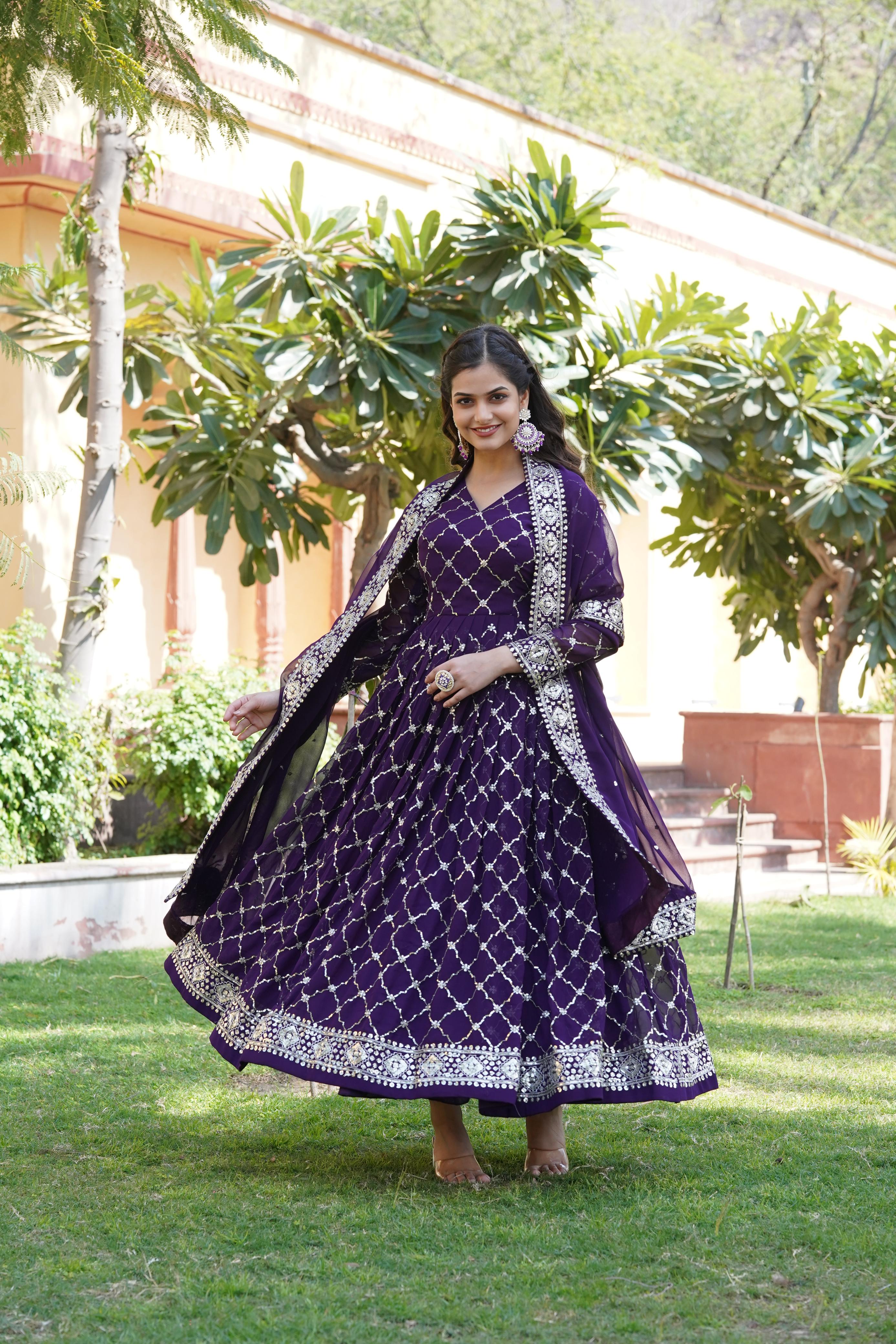 Glimmering Purple Color Sequence Work Gown