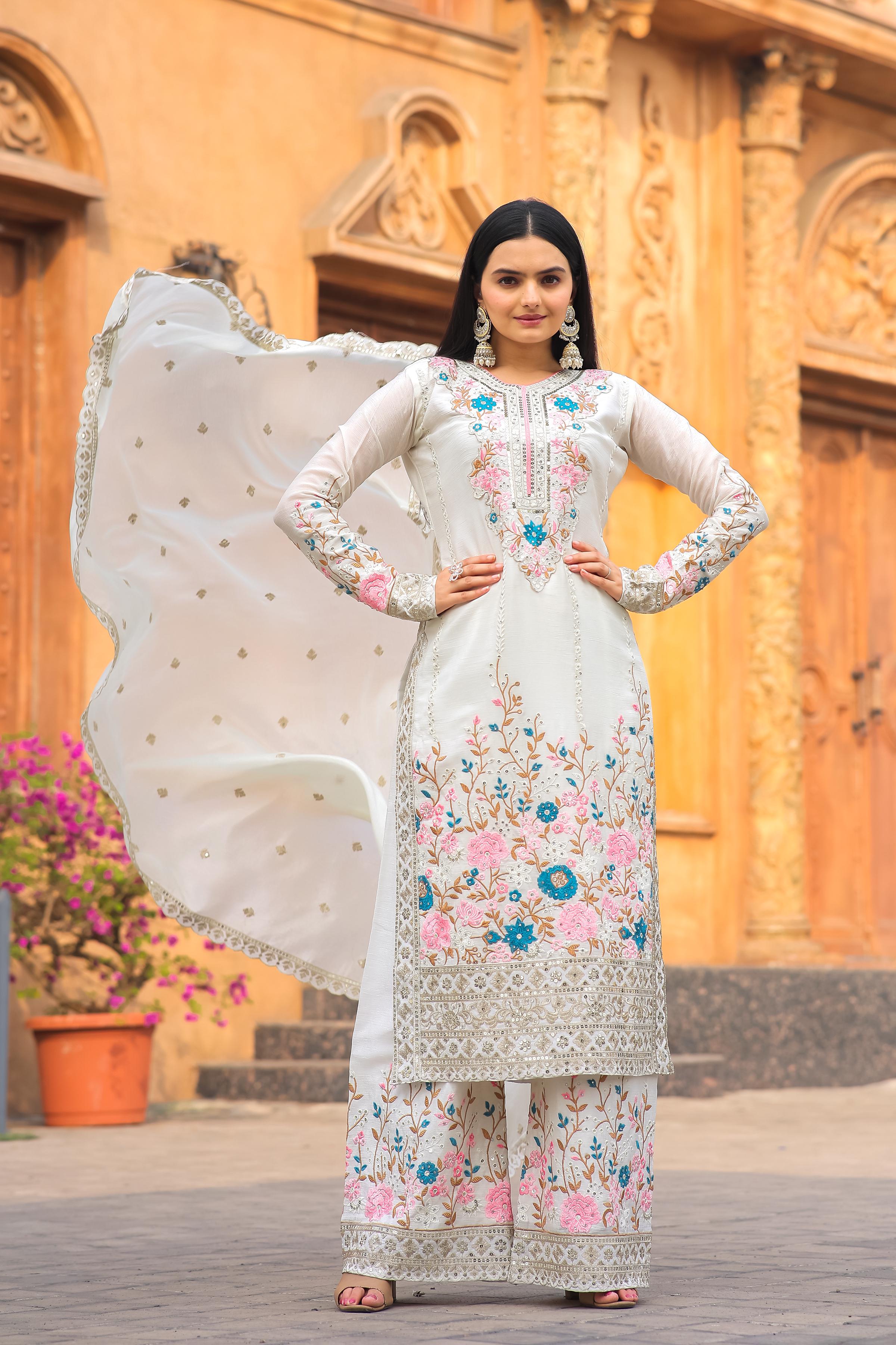 Admiring White Color Thread Work Palazzo Suit