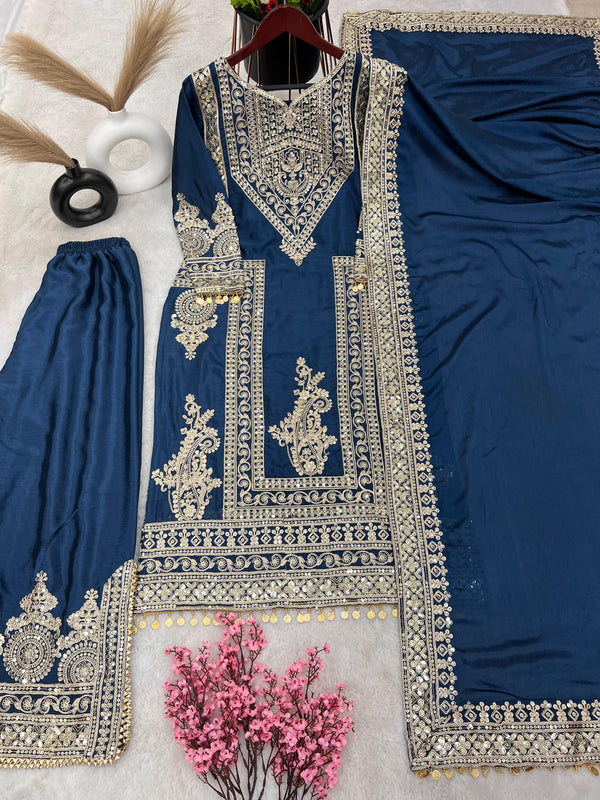 Opulent Sequence Embroidery Work Teal Blue Color Palazzo Suit