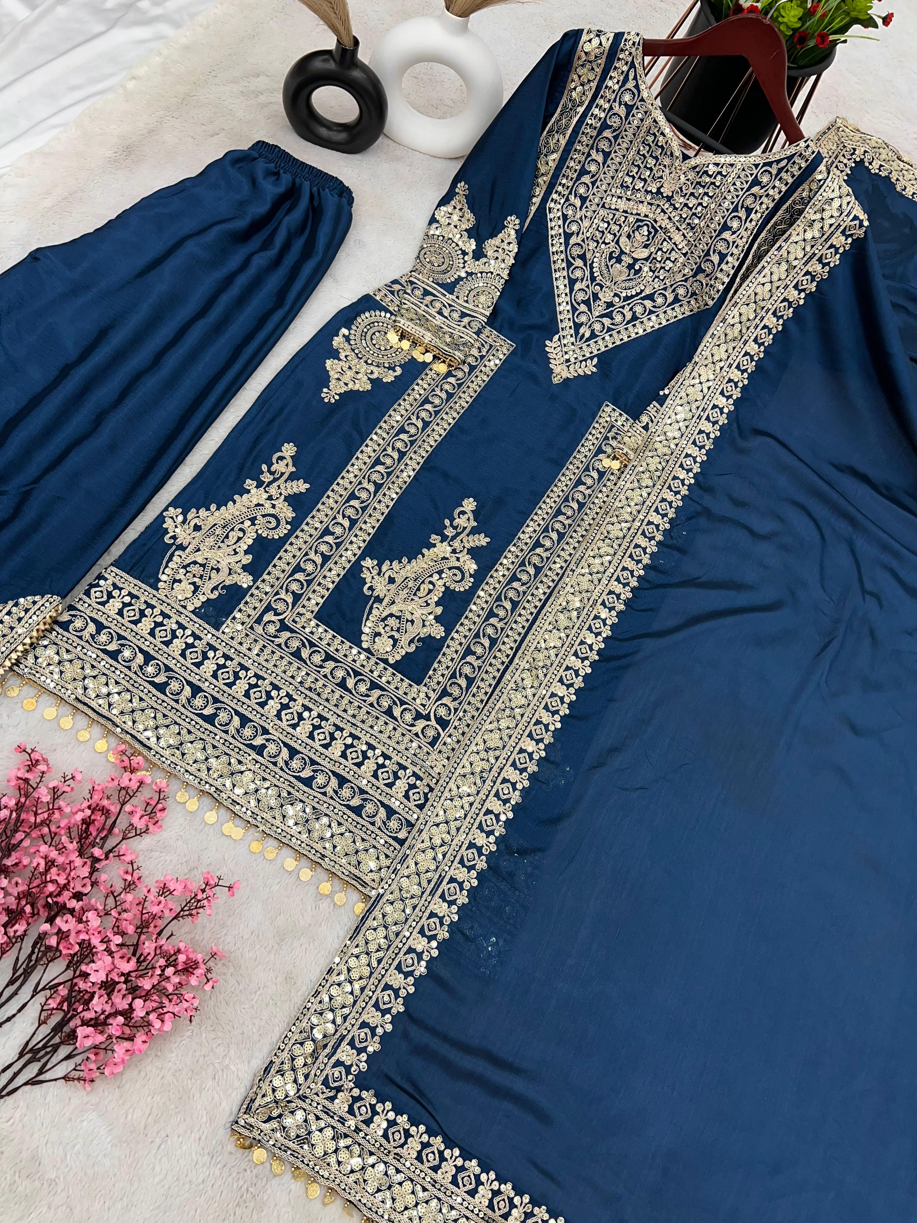 Opulent Sequence Embroidery Work Teal Blue Color Palazzo Suit
