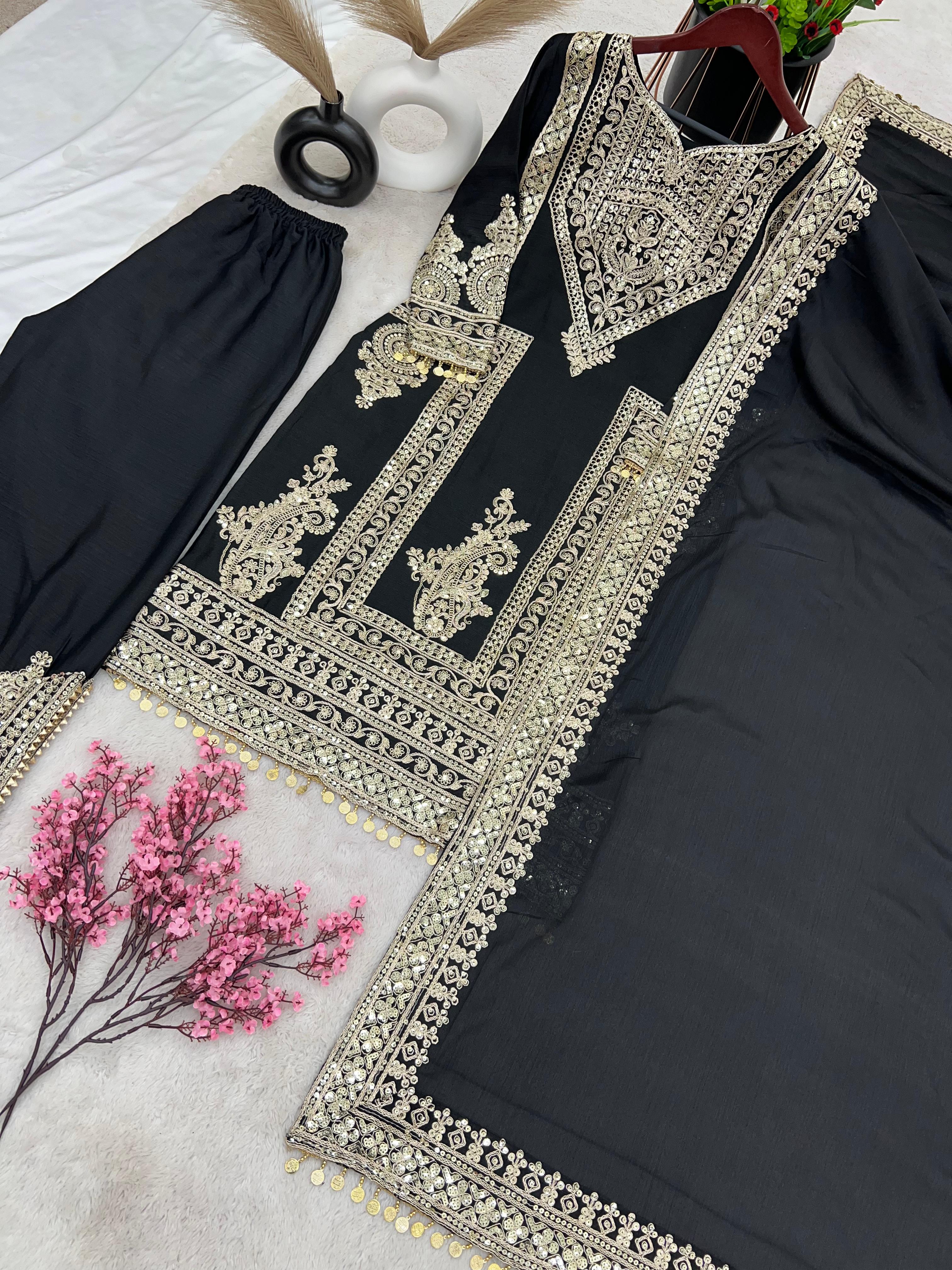 Opulent Sequence Embroidery Work Black Color Palazzo Suit