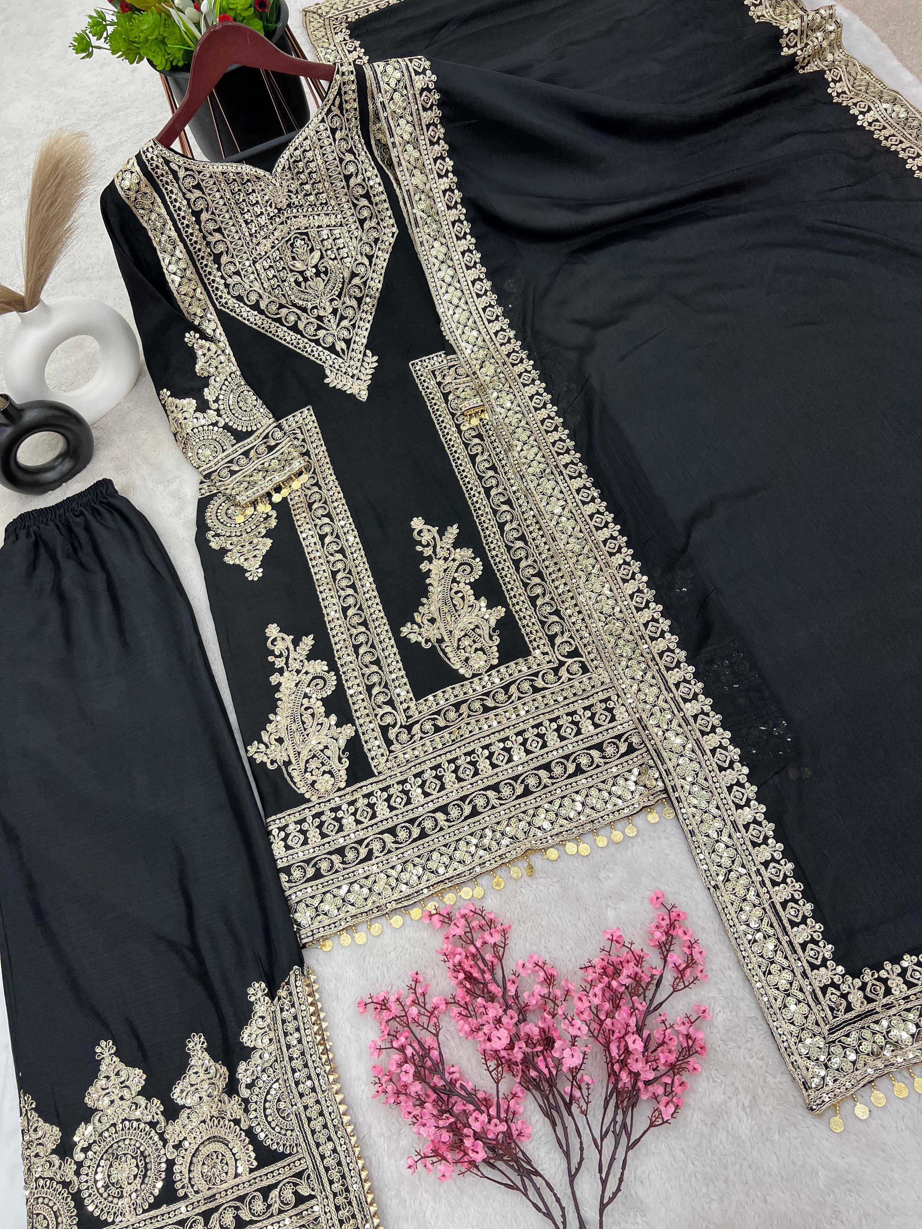 Opulent Sequence Embroidery Work Black Color Palazzo Suit
