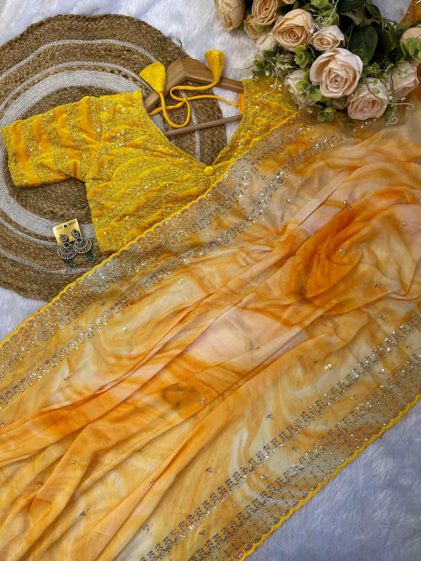 Gorgeous Multi Printed Saree With Yellow Work Blouse