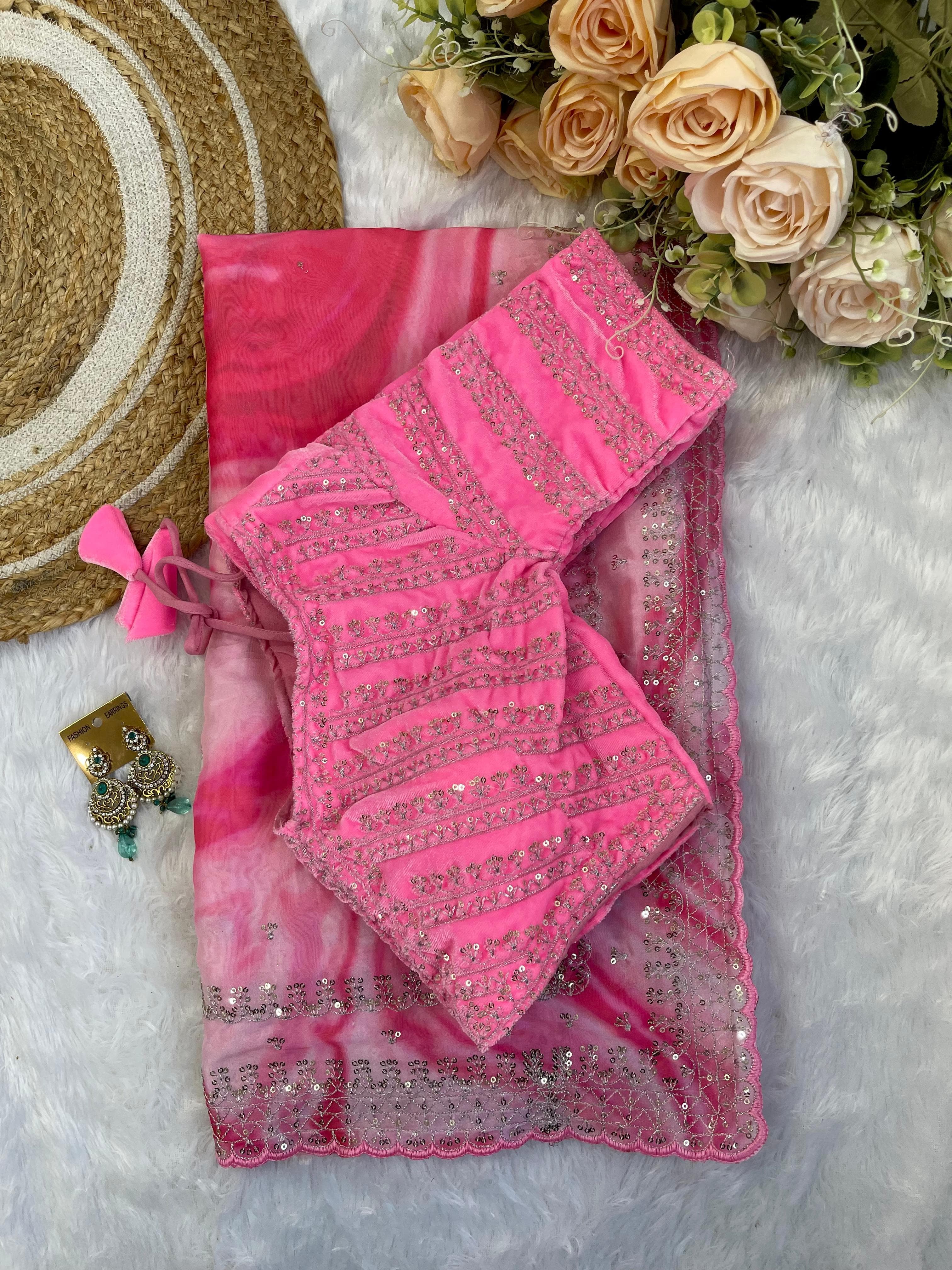 Gorgeous Multi Printed Saree With Light Pink Work Blouse