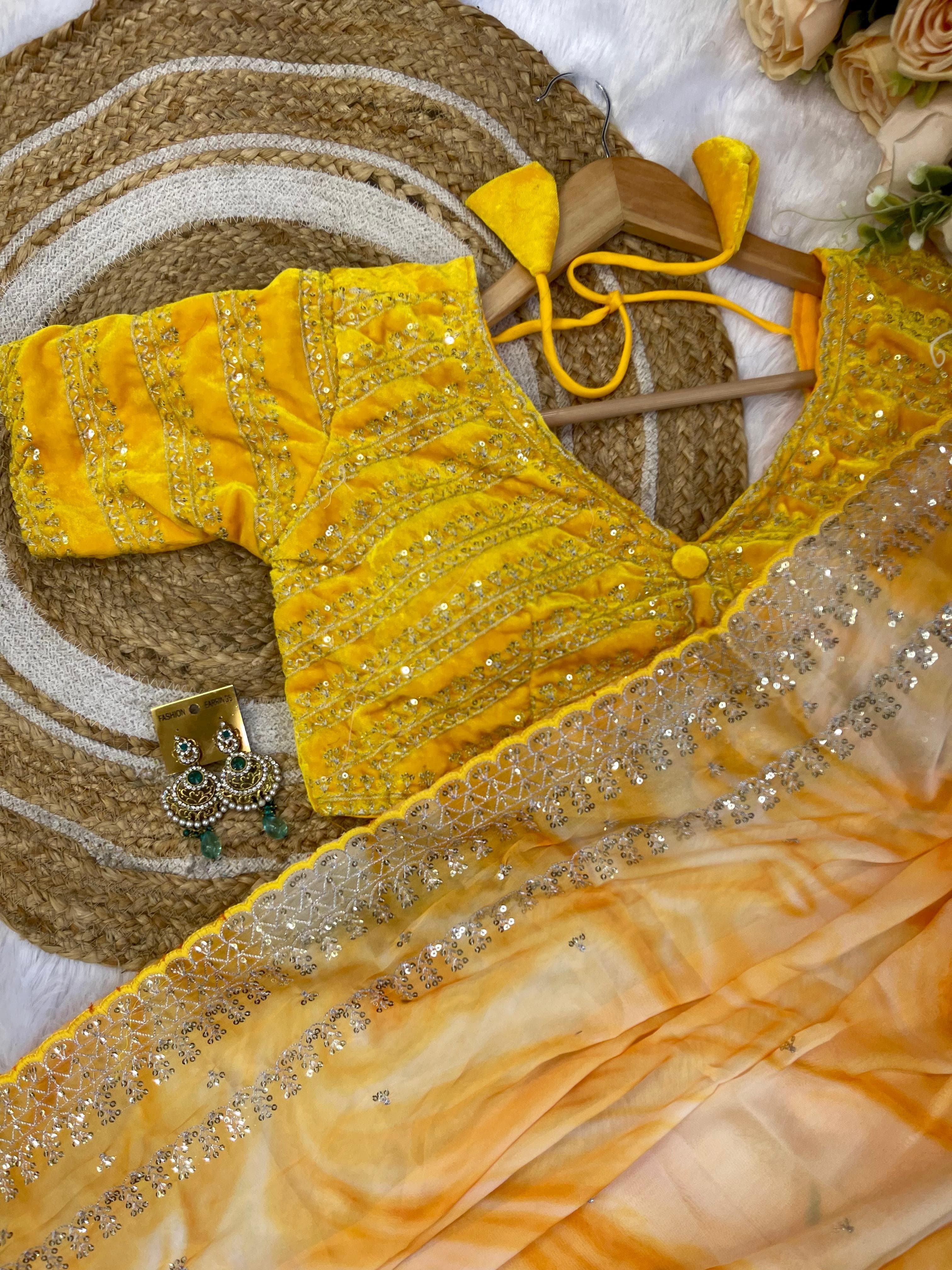Gorgeous Multi Printed Saree With Yellow Work Blouse