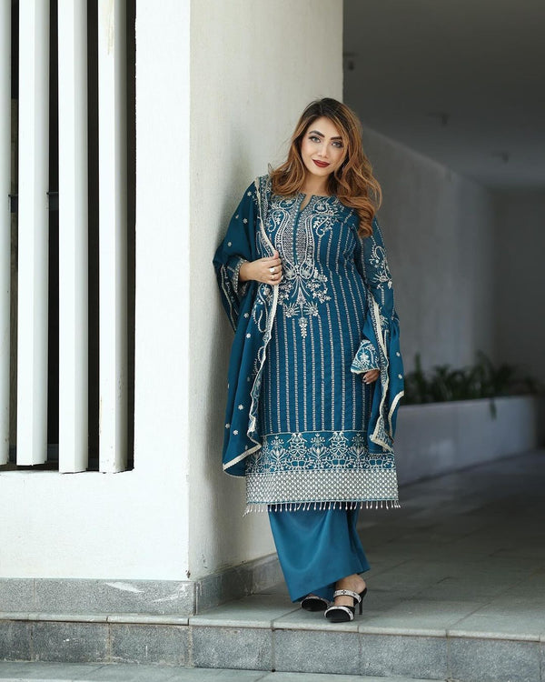 Fantastic Teal Blue Sequence Embroidery Work Palazzo Suit