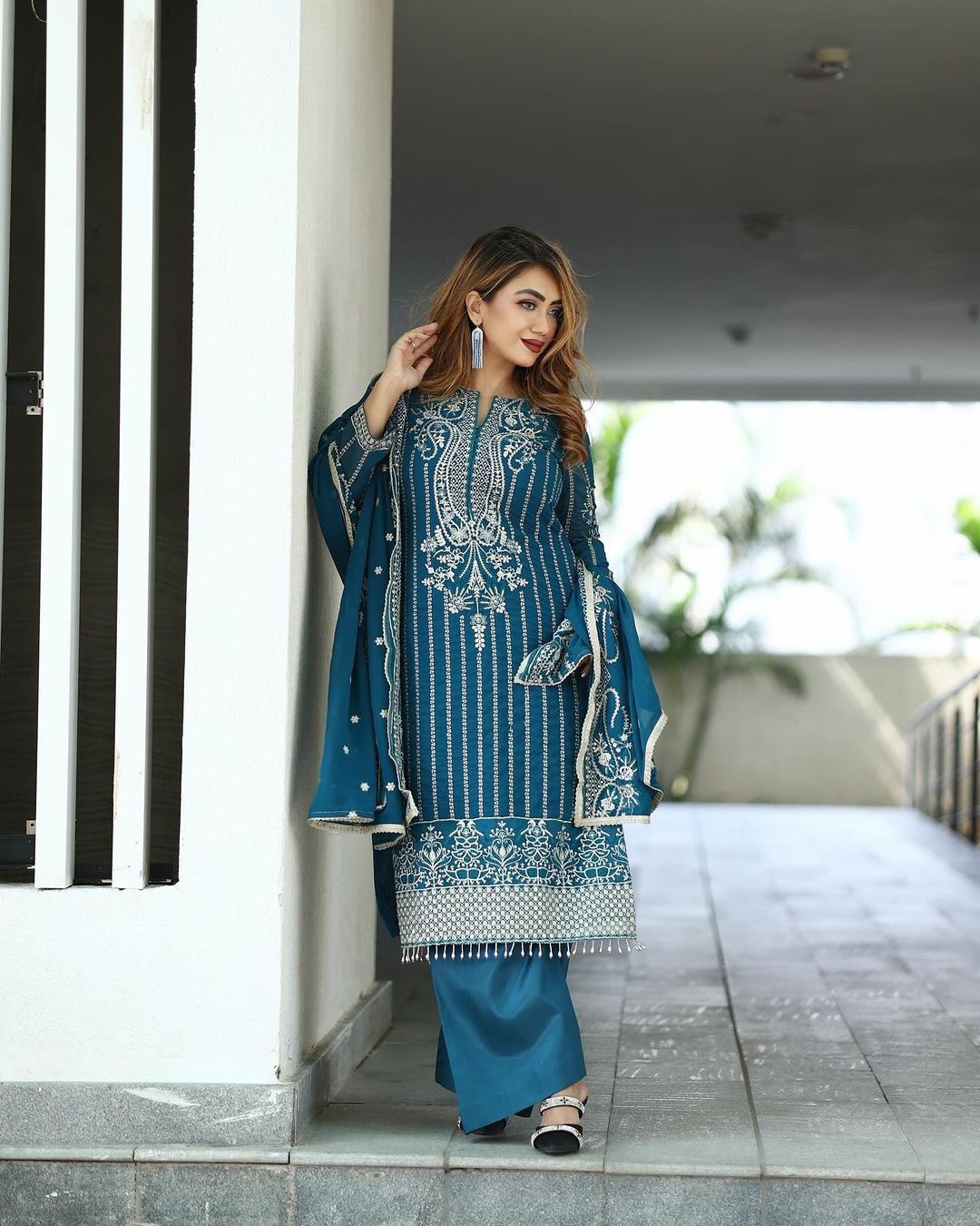 Fantastic Teal Blue Sequence Embroidery Work Palazzo Suit
