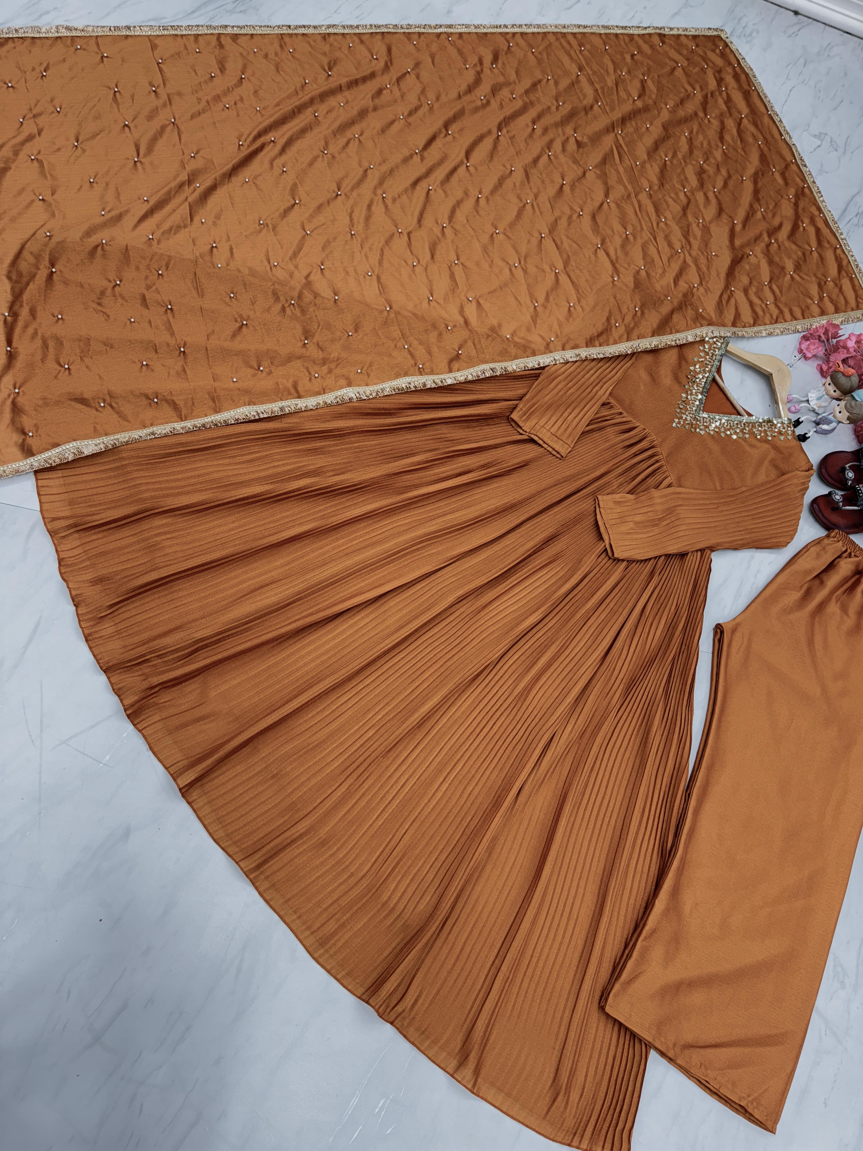 Stunning Light Brown Color Crushed Anarkali Suit