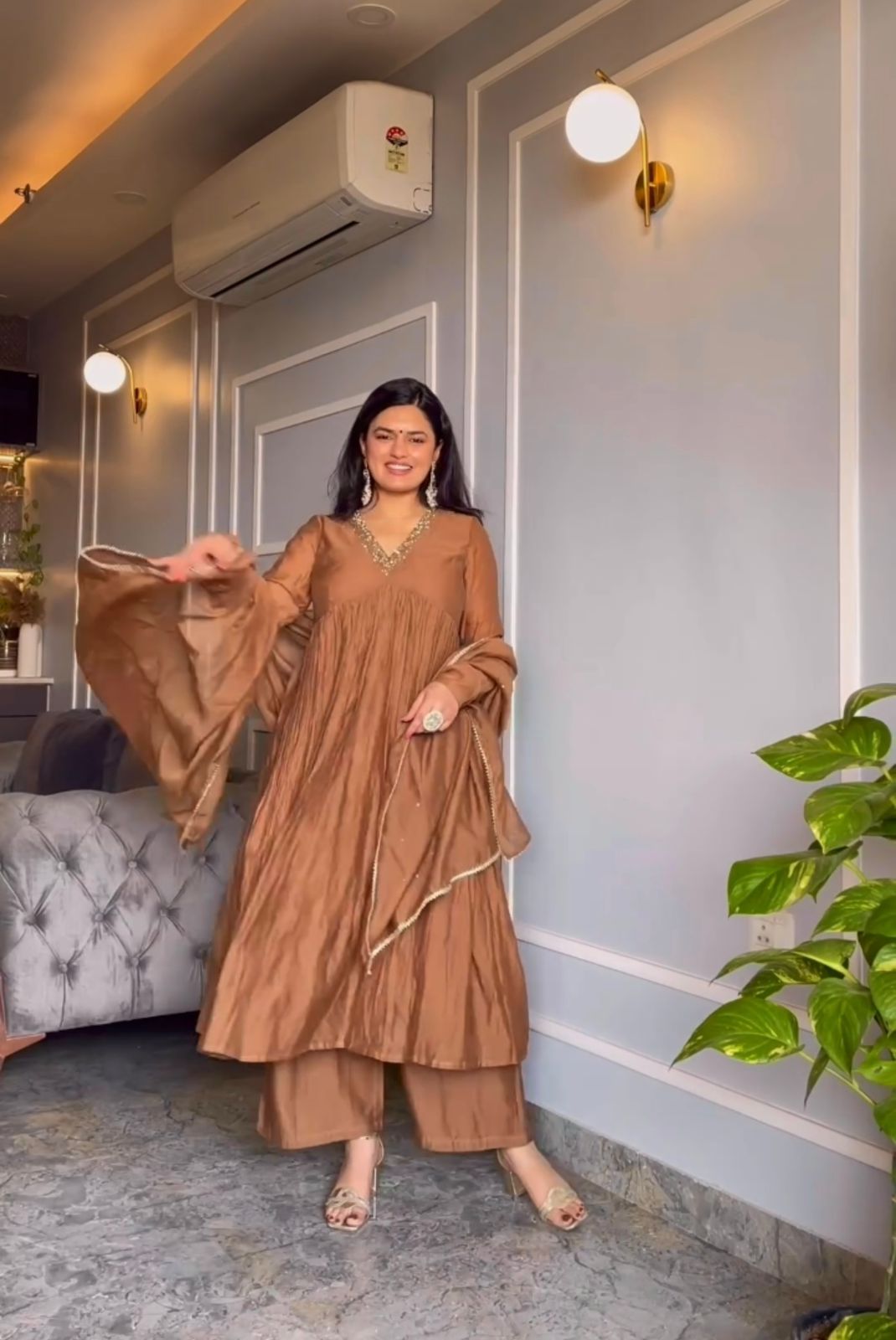 Stunning Light Brown Color Crushed Anarkali Suit