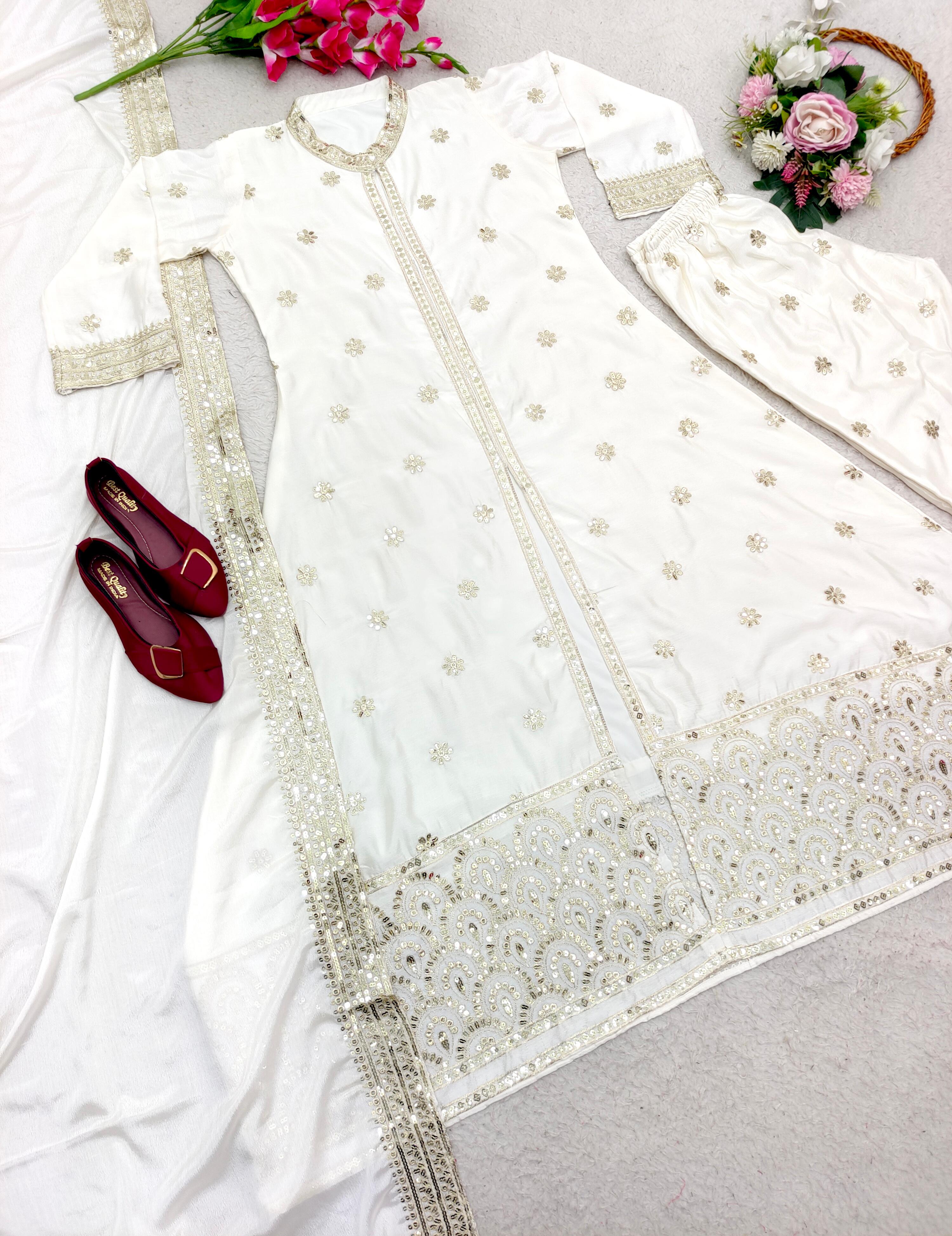 Glorious White Color Embroidery Work Anarkali Suit