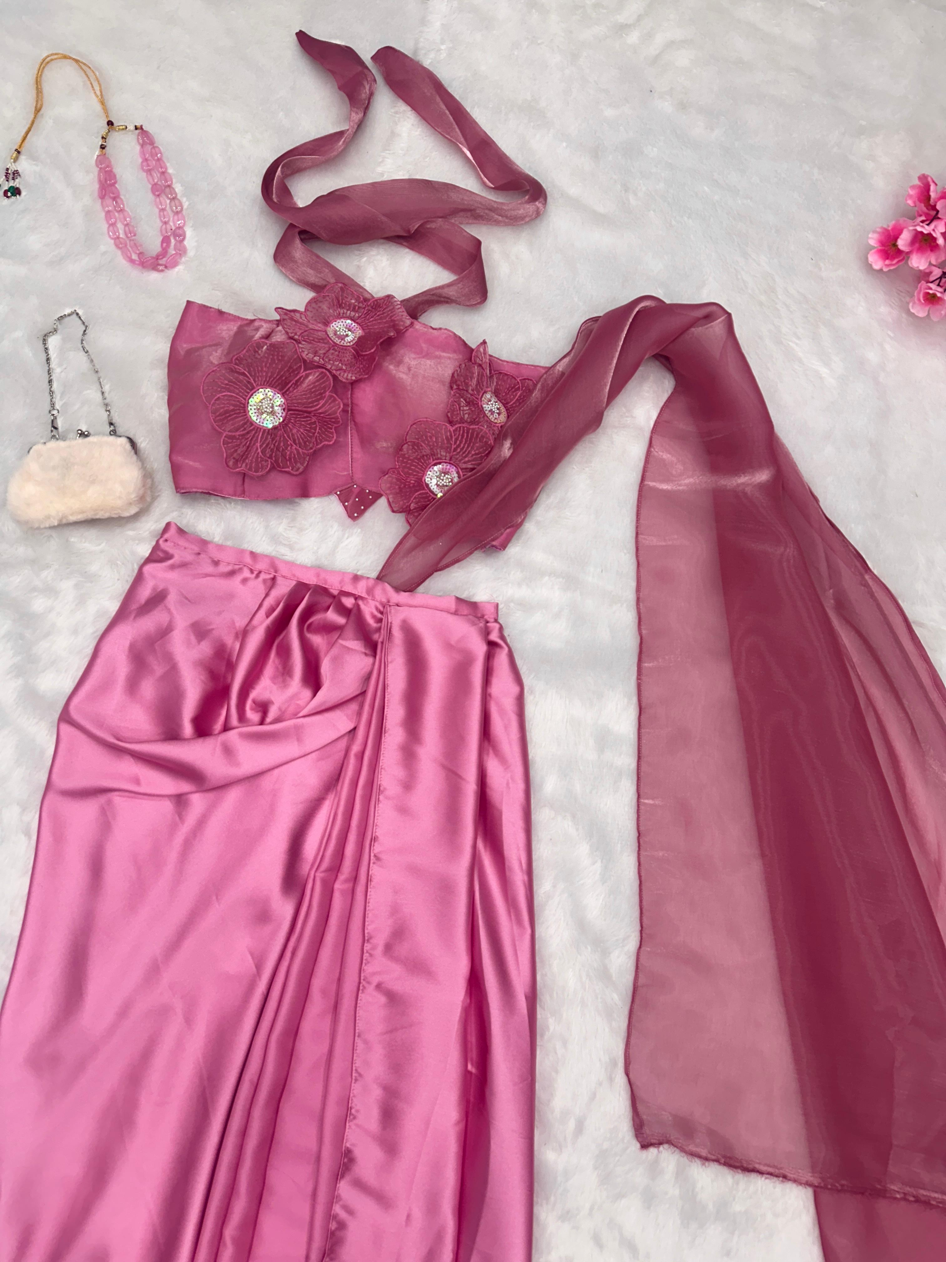 Trendy Pink Color Ready To Wear Western Wear Saree