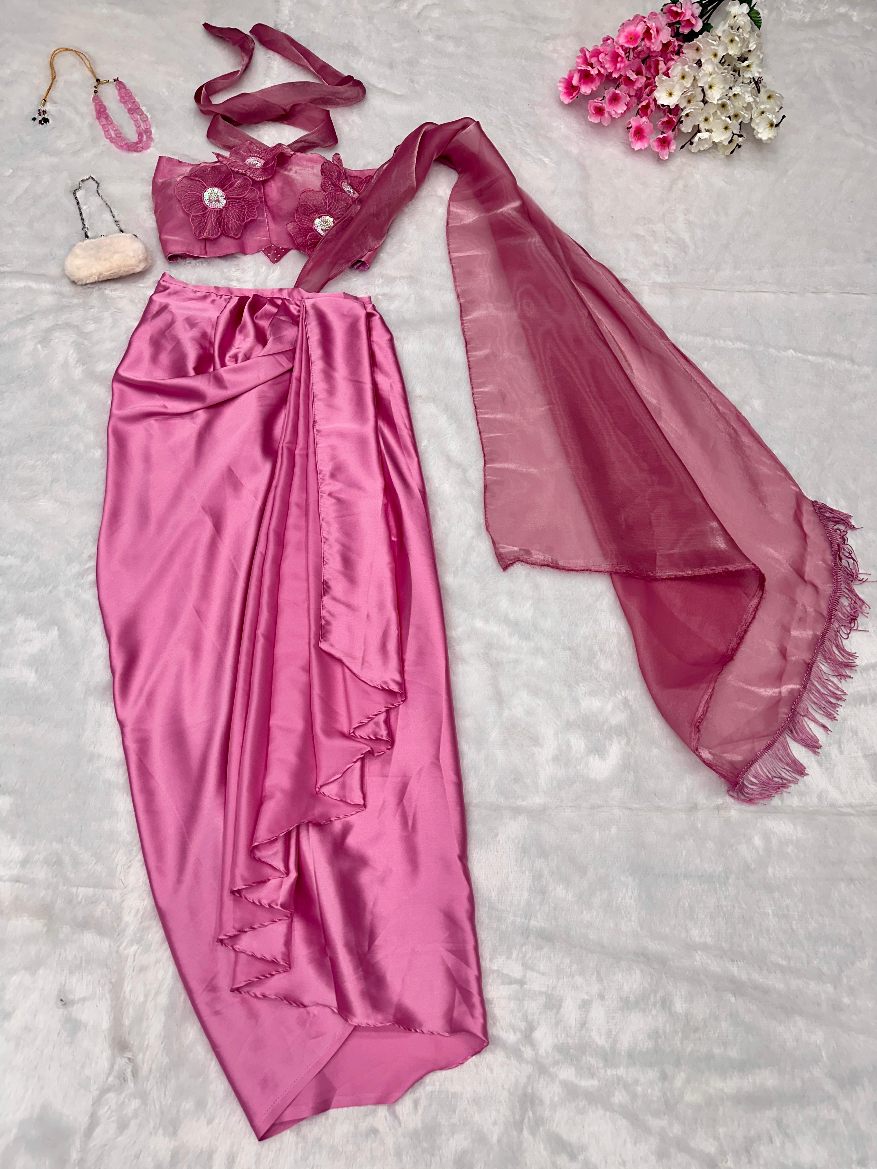 Trendy Pink Color Ready To Wear Western Wear Saree