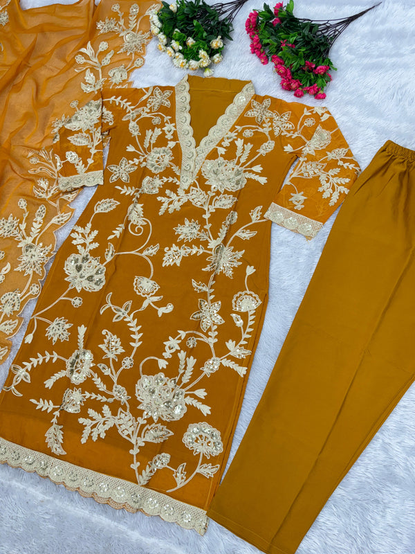 Mustard Color Thread Sequence Work Salwar Suit