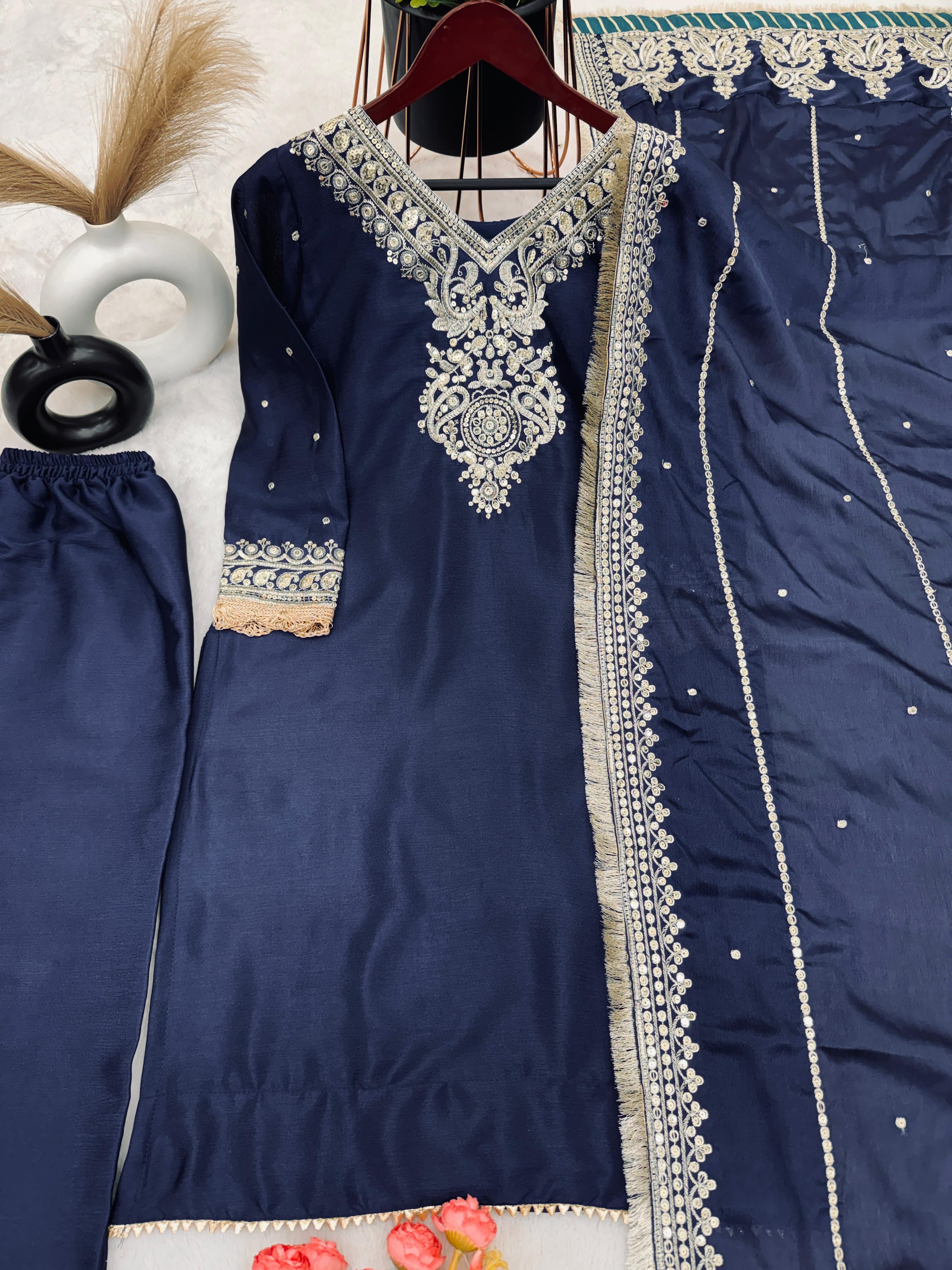 Stunning Navy Blue Color Palazzo Suit With Work Dupatta