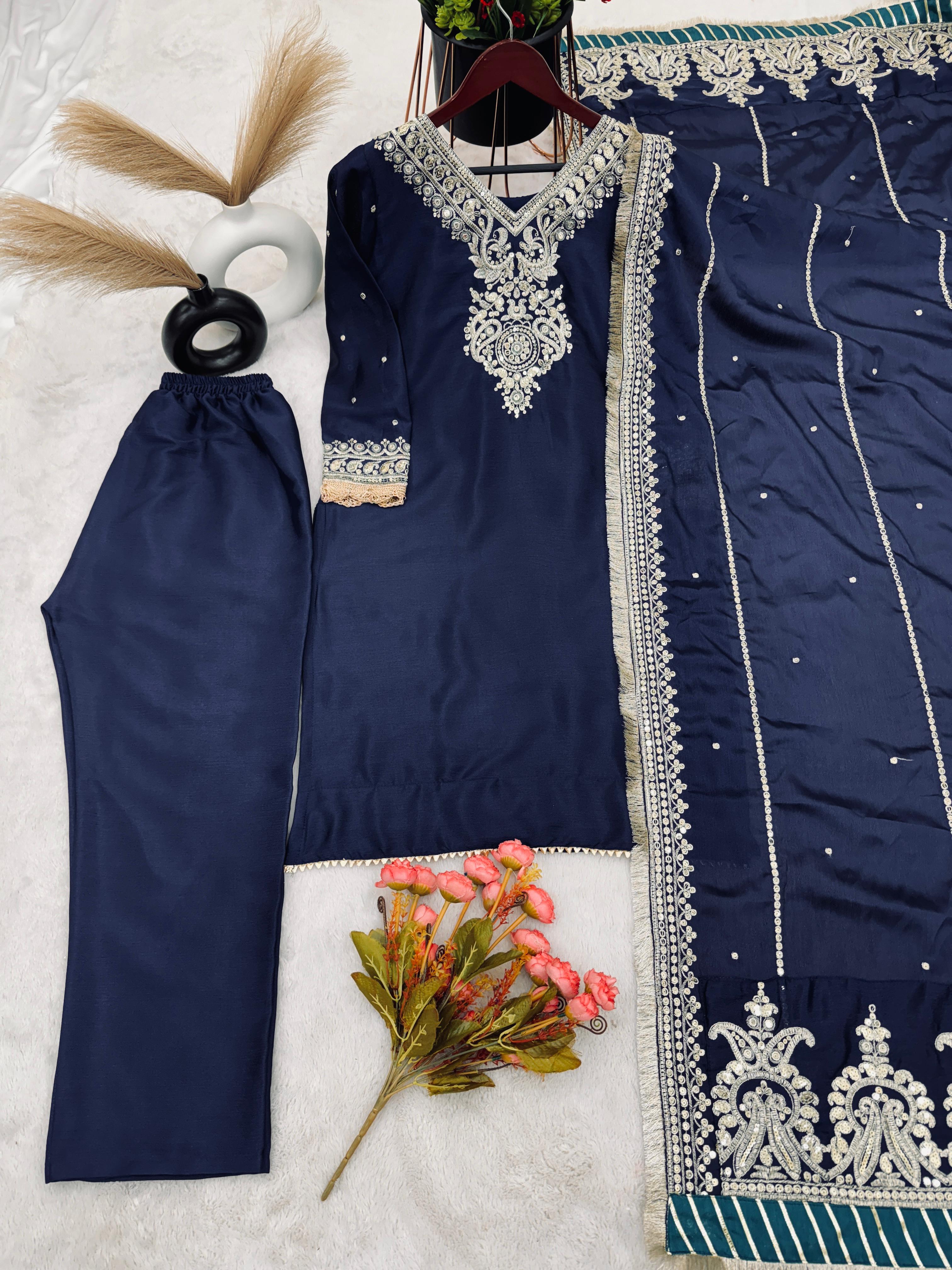 Stunning Navy Blue Color Palazzo Suit With Work Dupatta