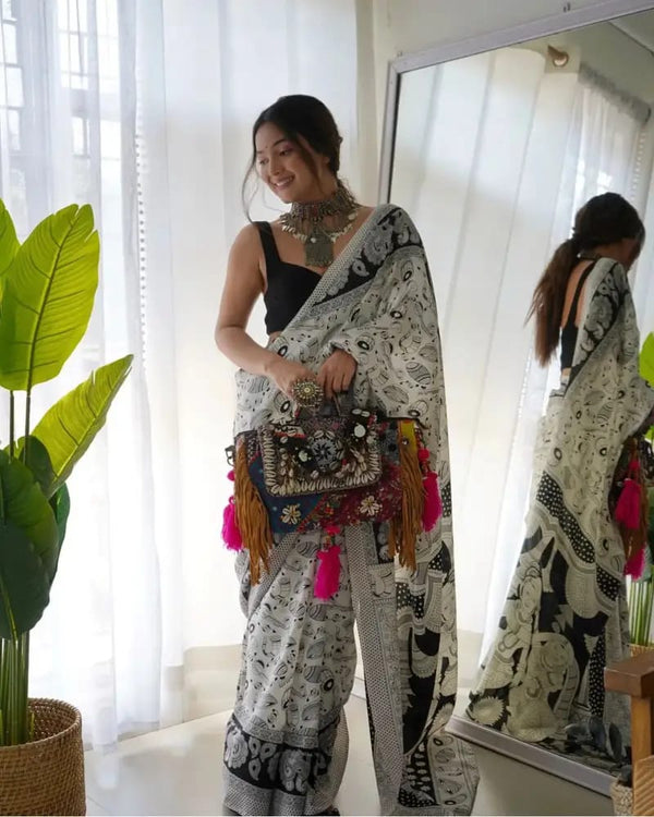 Music Design Ready To Wear Black And White Saree