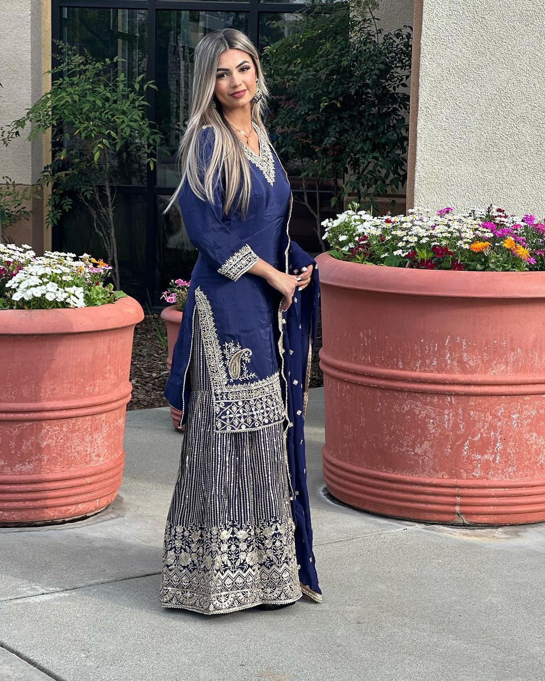 Outstanding Navy Blue Color Embroidery Sharara Suit