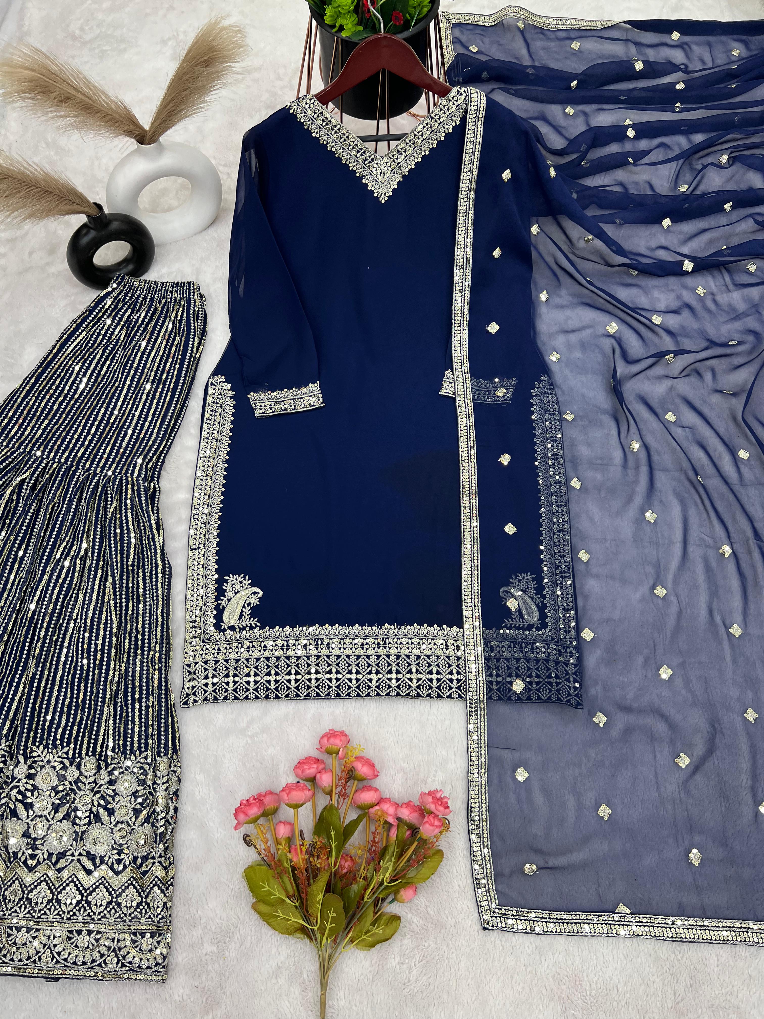 Outstanding Navy Blue Color Embroidery Sharara Suit